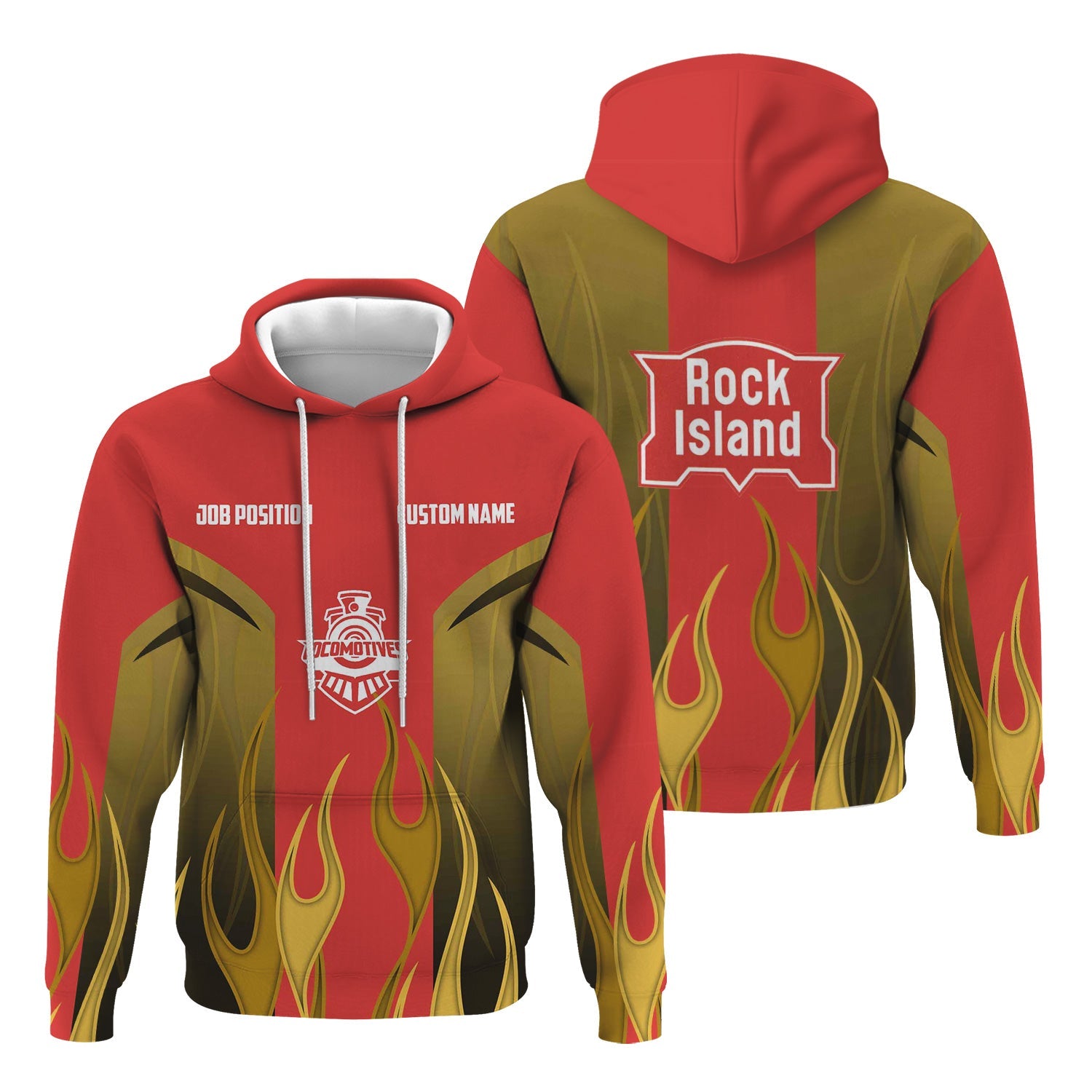 Railspirit Custom Name and Job Title Chicago, Rock Island and Pacific Railroad Hoodie Flame Graphic Rock Island Railroad Train Zip Up Hoodie