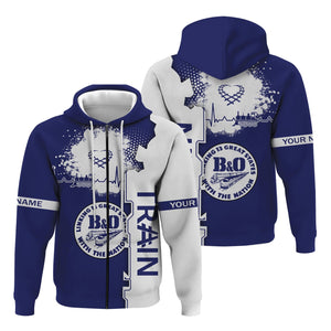 Railspirit Personalized B&O Great States Railroad Hoodie Engine Heartbeat and Track Love Style Zip Up Hoodie Gift Idea For Train Lovers