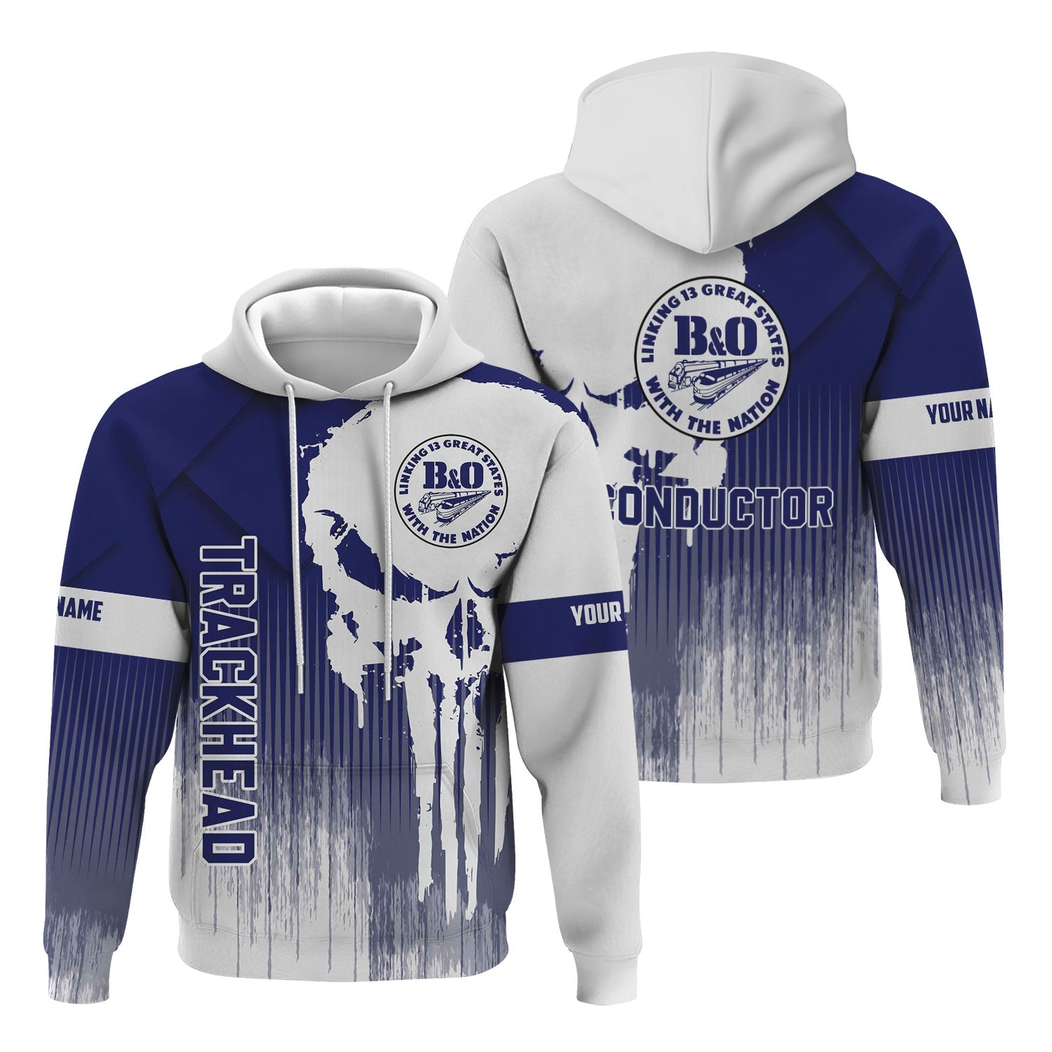 Railspirit Personalized B&O Great States Railroad Hoodie Skull Design with Custom Job Train Zip Up Hoodie for Trackhead Crew