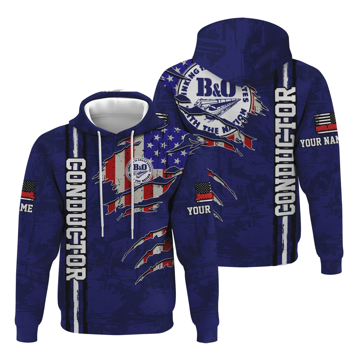 Railspirit Personalized B&O Great States Railroad Hoodie USA Flag Claw Art with Custom Job Train Zip Up Hoodie