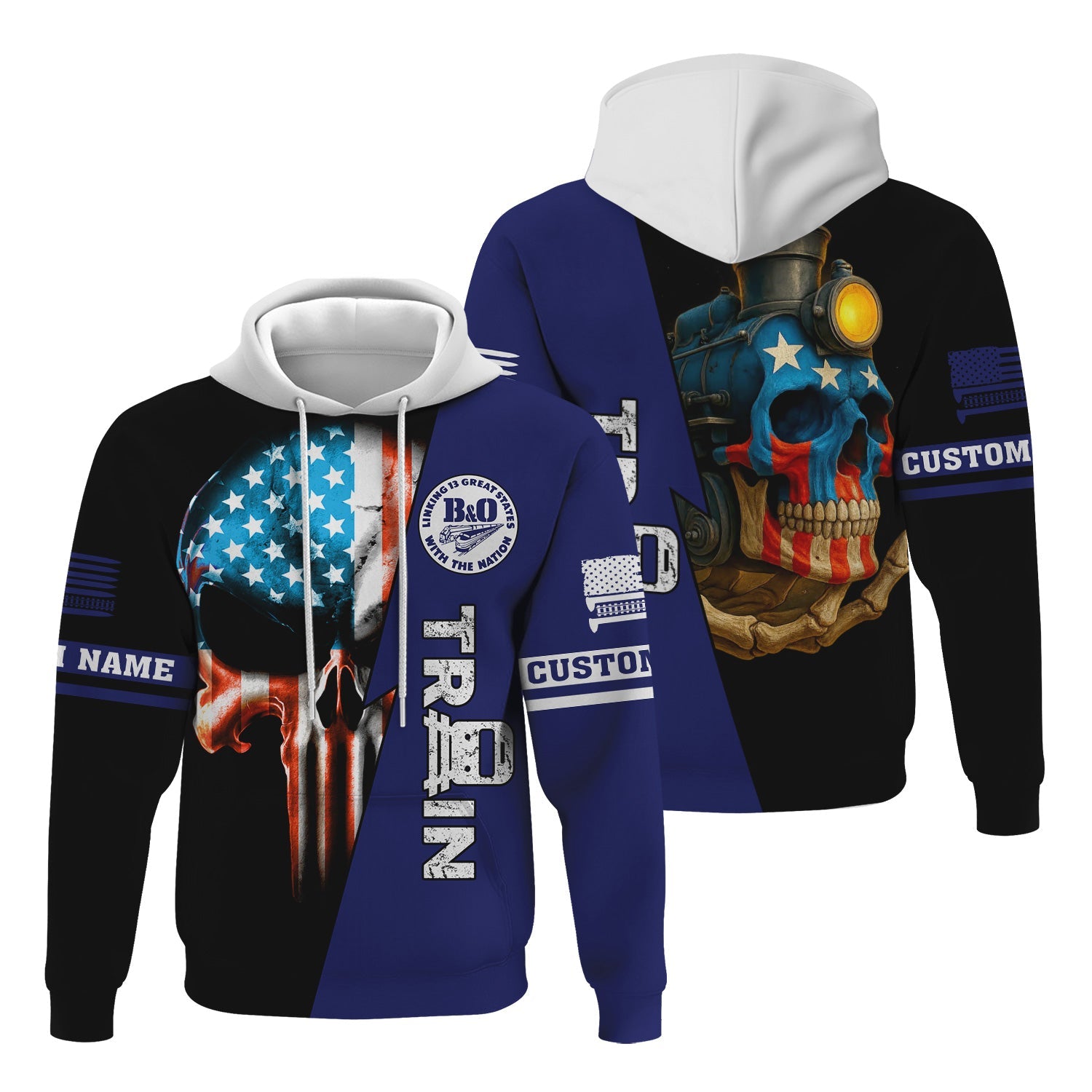 Railspirit Personalized B&O Great States Railroad Hoodie Train Skull American Flag Zip Up Hoodie All Over Print