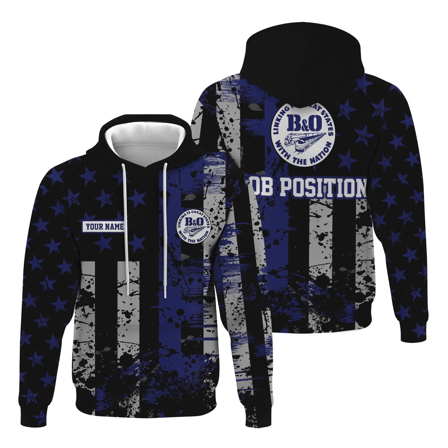 Railspirit Personalized B&O Great States Railroad Hoodie Artistic Paint American Flag Style Train Zip Up Hoodie