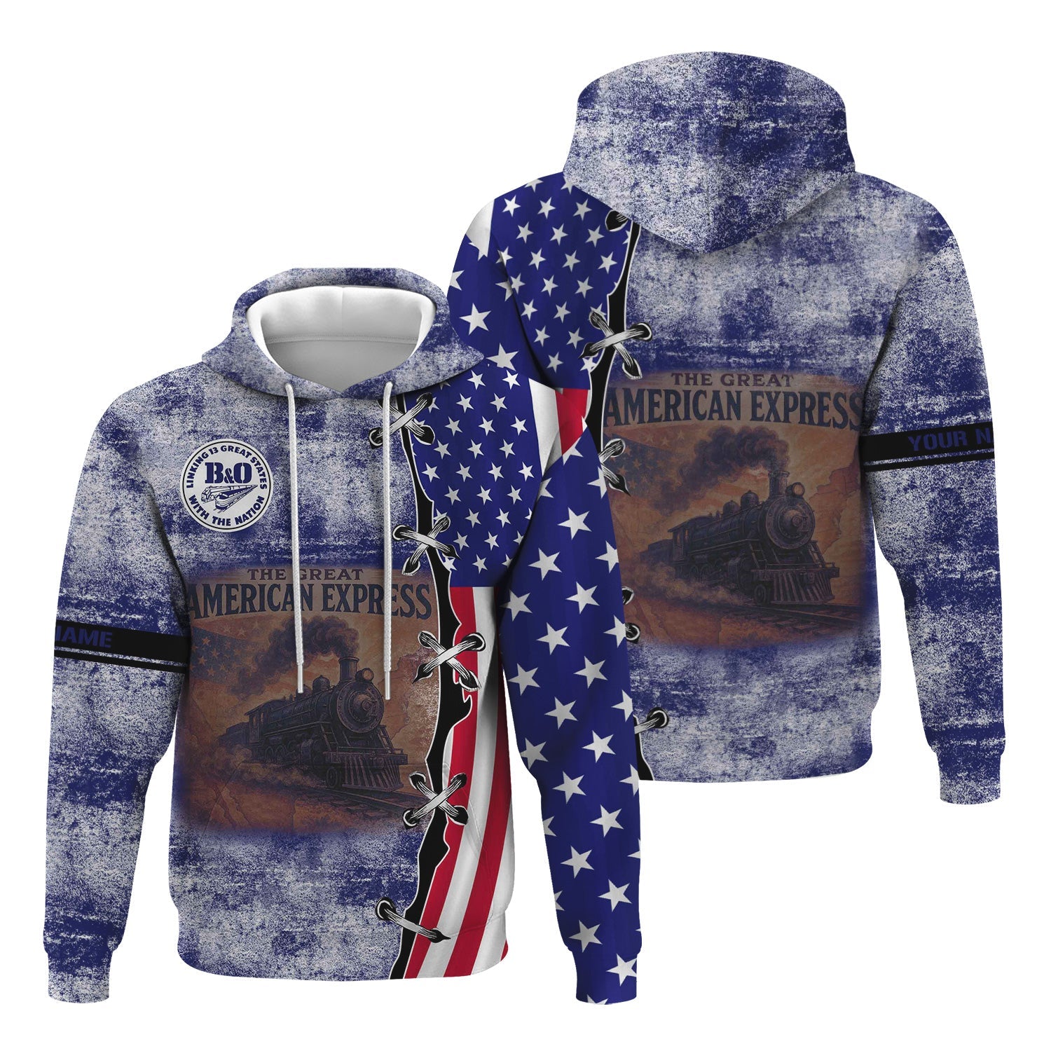 Railspirit Personalized B&O Great States Railroad Hoodie Retro American Express Train With USA Flag Zip Up Hoodie