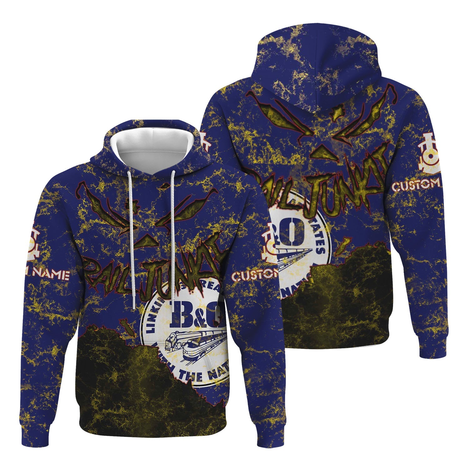 Railspirit Personalized B&O Great States Railroad Hoodie Torn Graphic Style Train Zip Up Hoodie For Rail Junkie