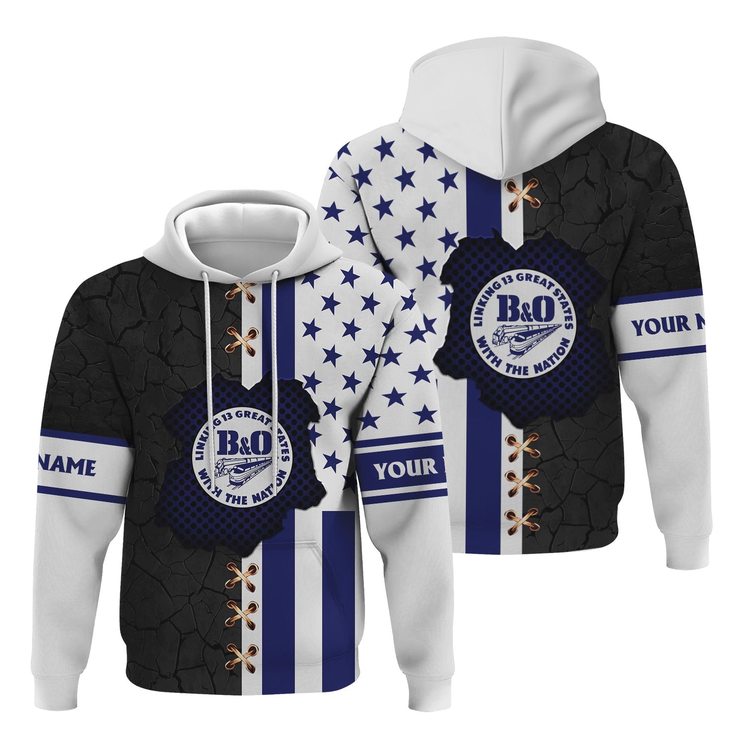 Railspirit Personalized B&O Great States Railroad Hoodie American Flag with Crack Effect Train Zip Up Hoodie