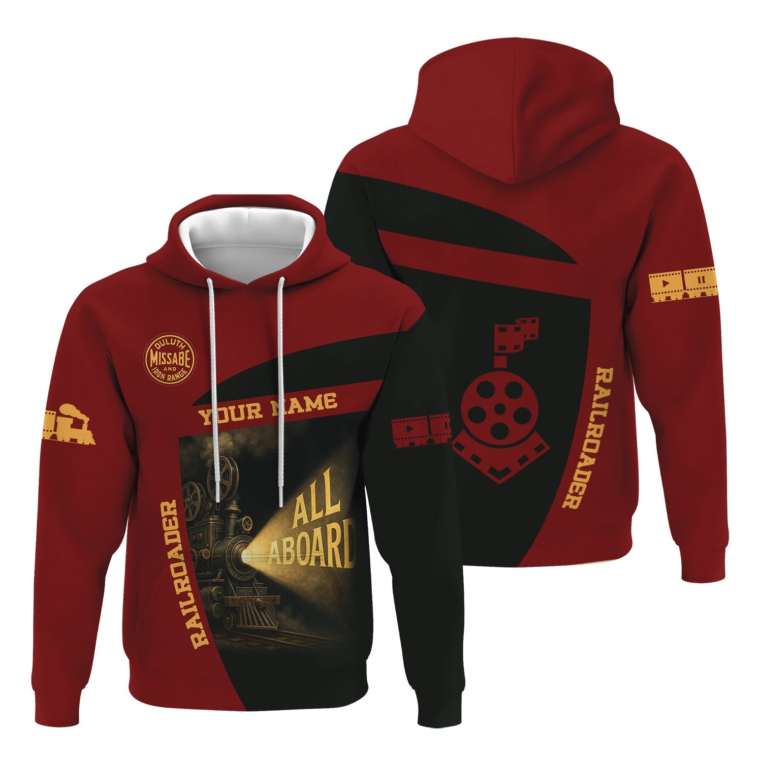 Railspirit Personalized Duluth, Missabe, & Iron Range Railroad Hoodie All Aboard Steam Train Movie Projector Style Zip Up Hoodie