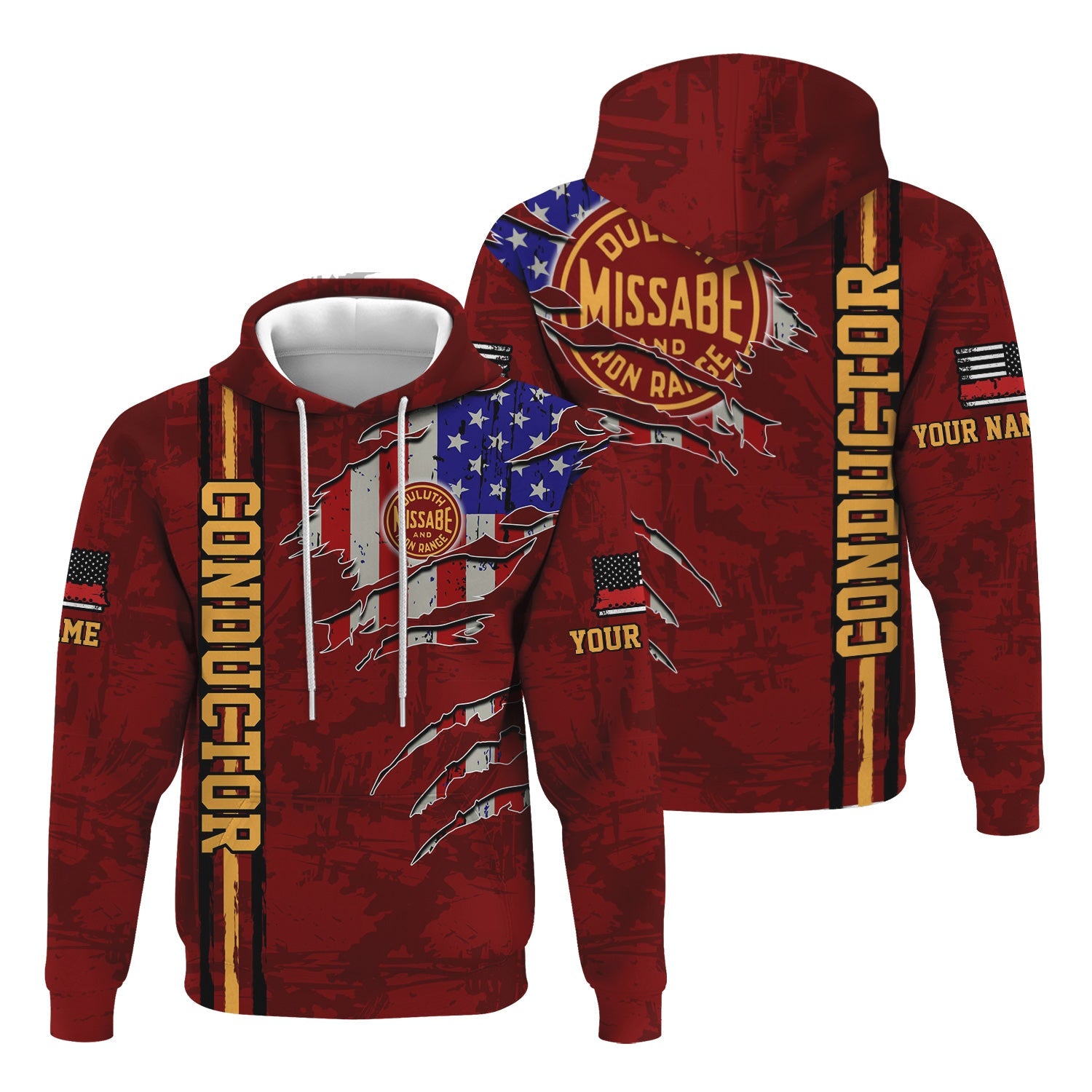 Railspirit Personalized Duluth, Missabe, & Iron Range Railroad Hoodie USA Flag Claw Art with Custom Job Train Zip Up Hoodie
