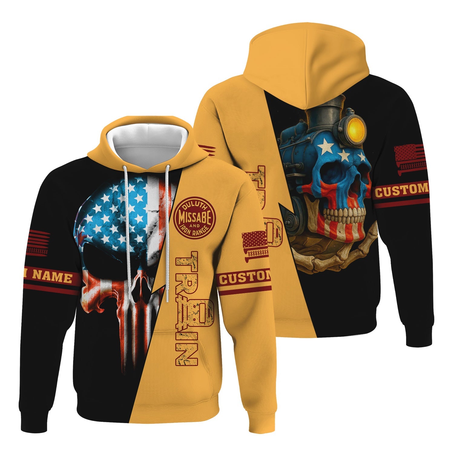 Railspirit Personalized Duluth, Missabe, & Iron Range Railroad Hoodie Train Skull American Flag Zip Up Hoodie All Over Print