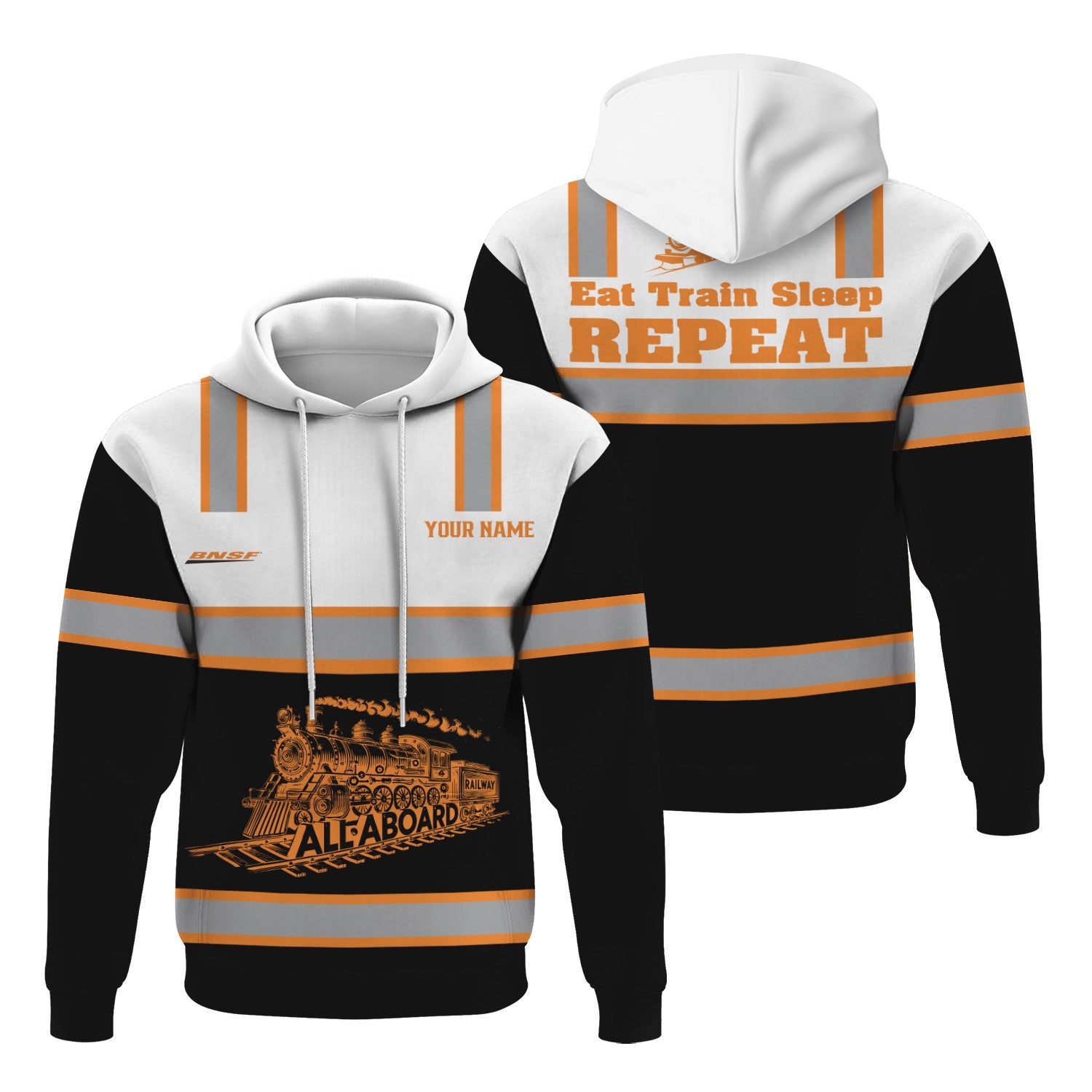 Railspirit Custom Name BNSF Railway Hoodie Eat Train Sleep Repeat Printed Train Zip Hoodie