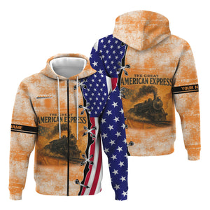 Railspirit Personalized BNSF Railway Hoodie Retro American Express Train With USA Flag Zip Up Hoodie