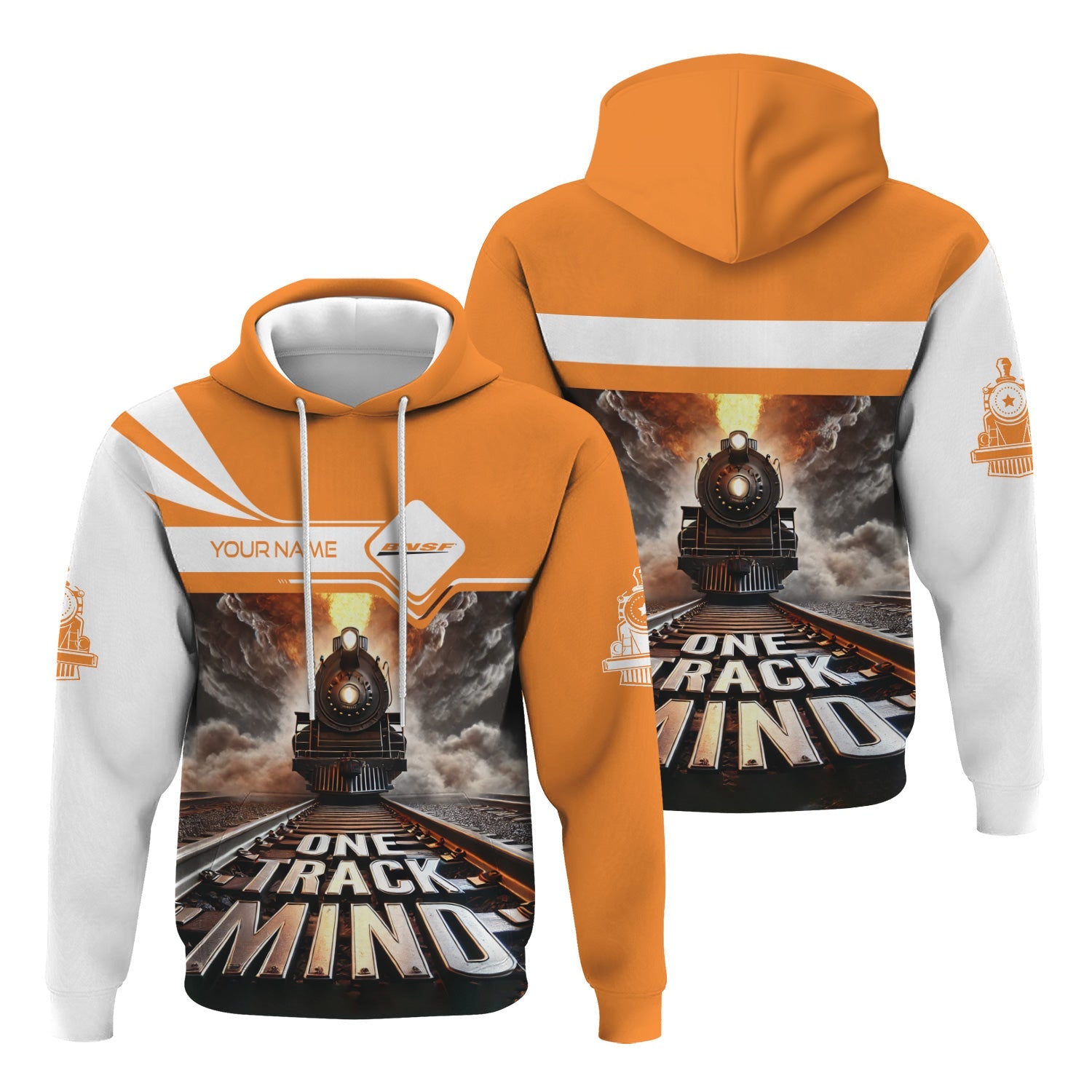 Railspirit Personalized BNSF Railway Hoodie One Track Mind Train Printed ZIp Up Hoodie