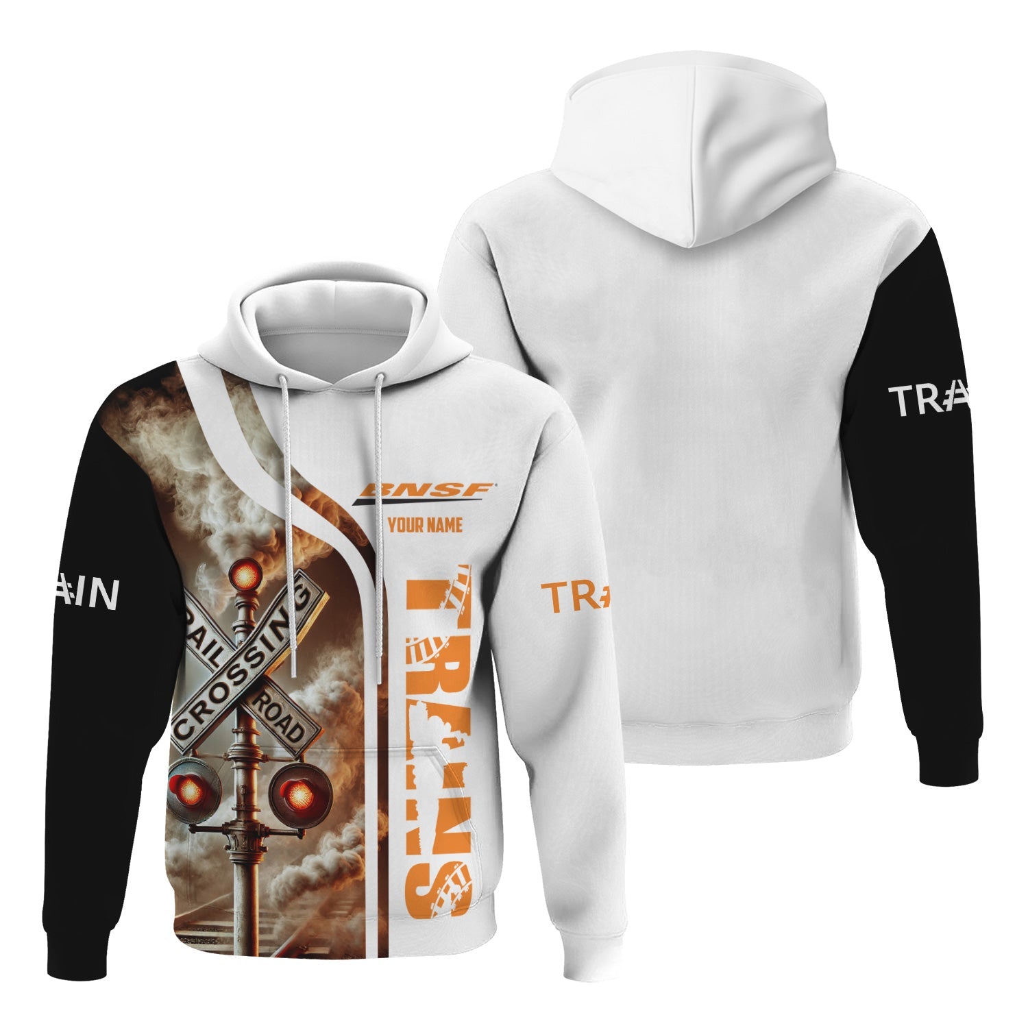 Railspirit Custom Name BNSF Railway Hoodie Railroad Crossing Sign Printed Zip Hoodie