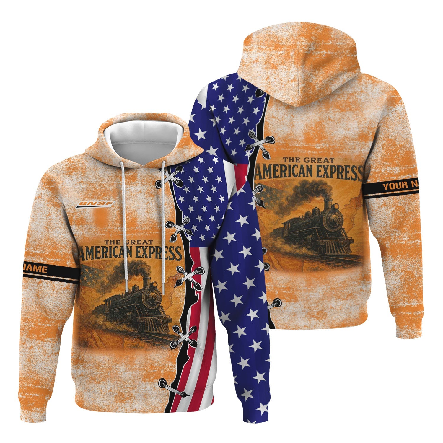 Railspirit Personalized BNSF Railway Hoodie Retro American Express Train With USA Flag Zip Up Hoodie