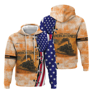 Railspirit Personalized BNSF Railway Hoodie Retro American Express Train With USA Flag Zip Up Hoodie