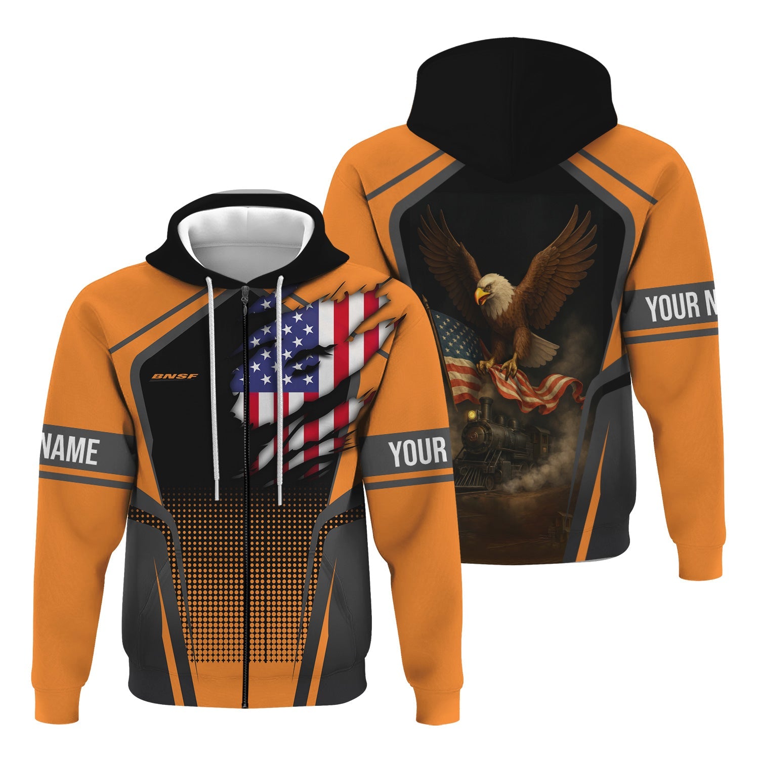 Railspirit Personalized BNSF Railway Hoodie American Eagle Vintage Train Zip Up Hoodie