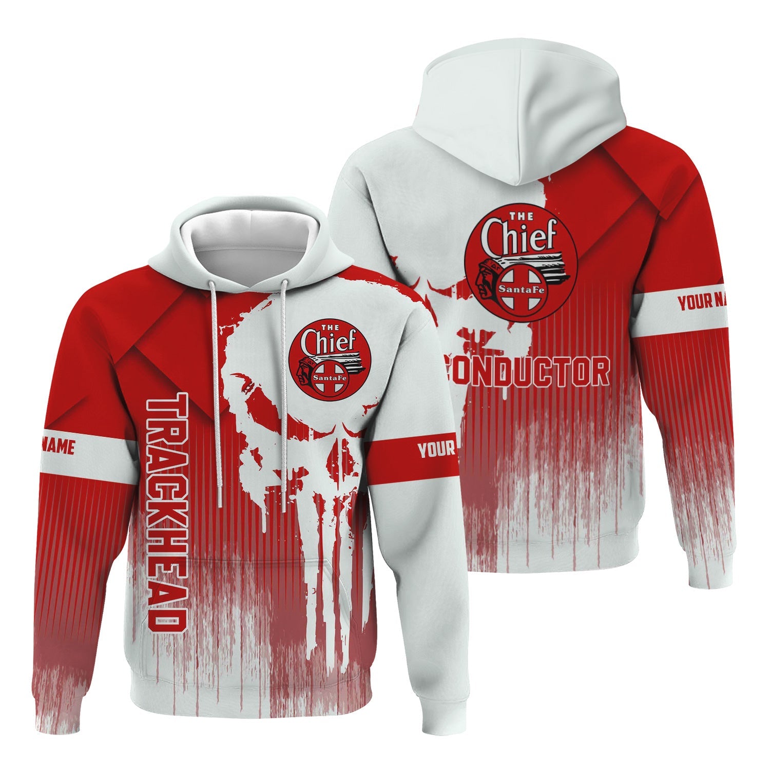 Railspirit Personalized The Chief Santa Fe Railroad Hoodie Skull Design with Custom Job Train Zip Up Hoodie for Trackhead Crew