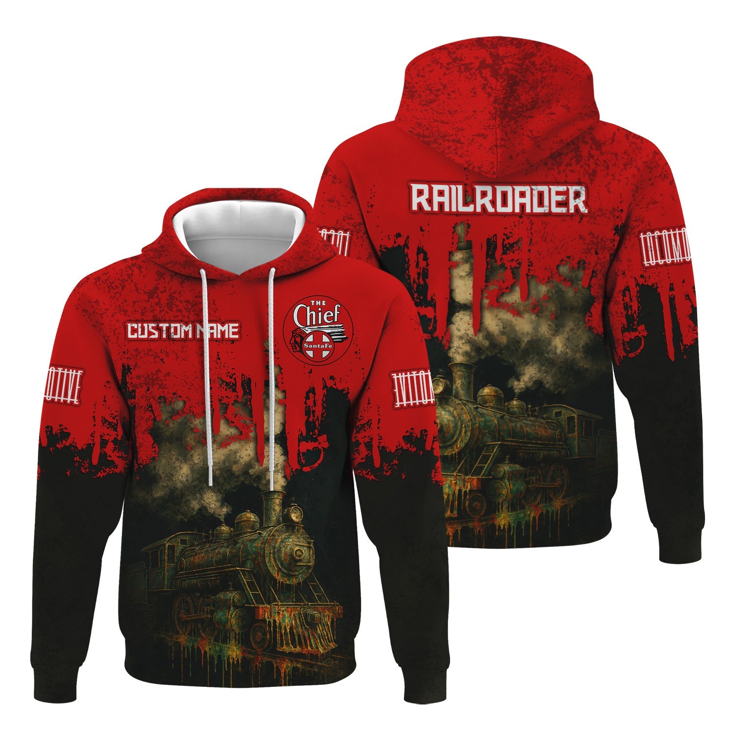 Railspirit Personalized The Chief Santa Fe Railroad Hoodie Vintage Train Art Style Zip Up Hoodie For Locomotive Fans