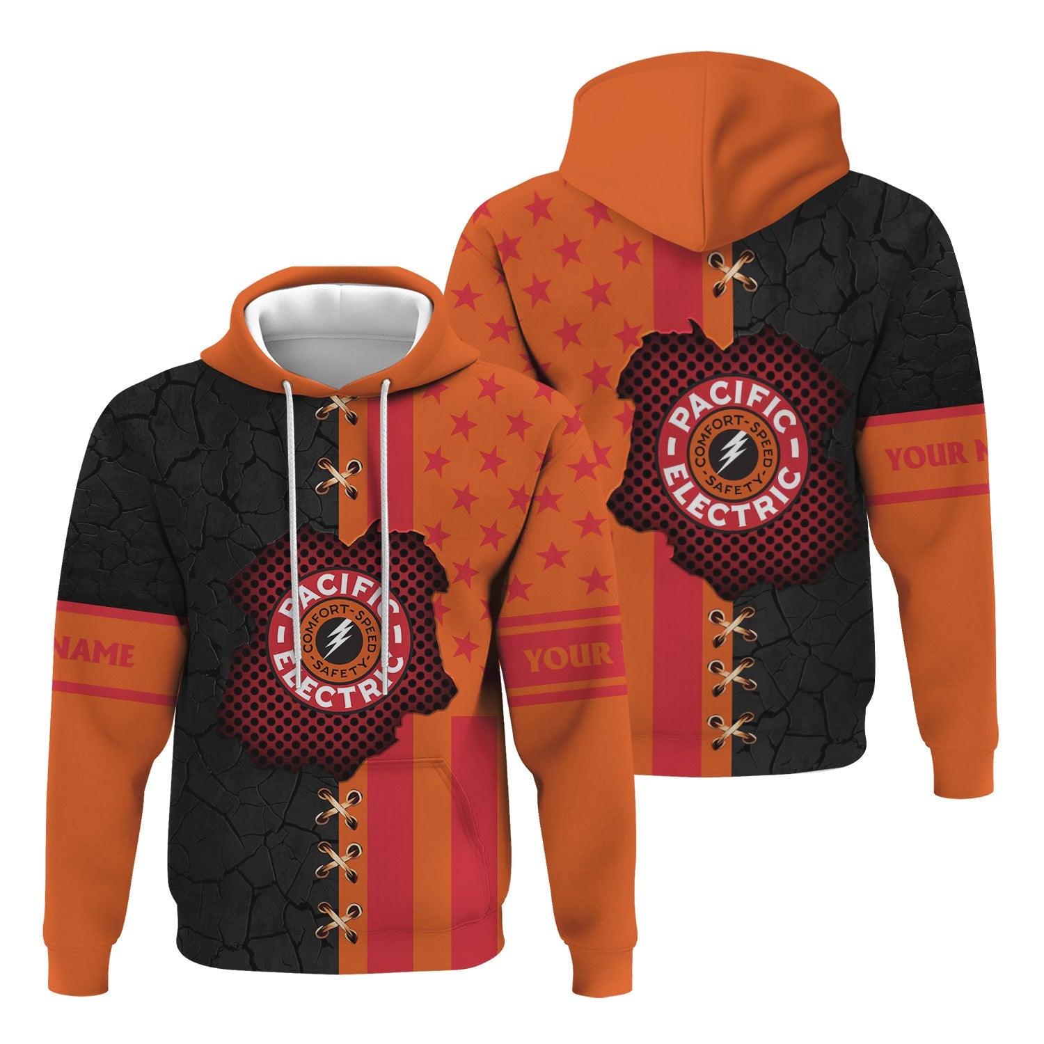 Railspirit Personalized Pacific Electric Railroad Hoodie American Flag with Crack Effect Train Zip Up Hoodie