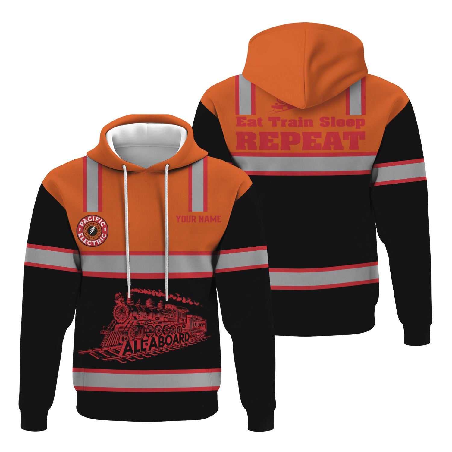 Railspirit Custom Name Pacific Electric Railroad Hoodie Eat Train Sleep Repeat Printed Train Zip Hoodie