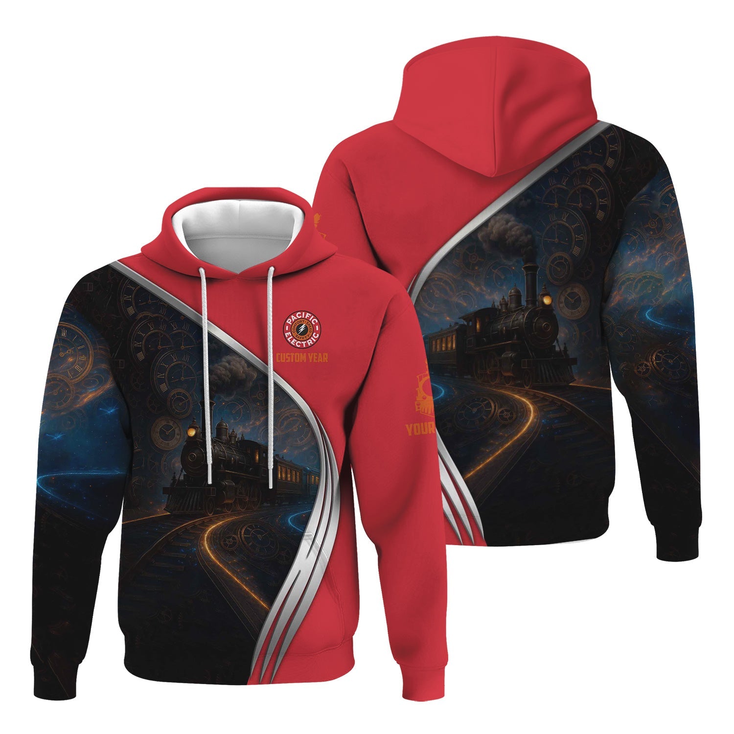 Railspirit Personalized Pacific Electric Railroad Hoodie Steampunk Locomotive with Custom Year Train Zip Up Hoodie