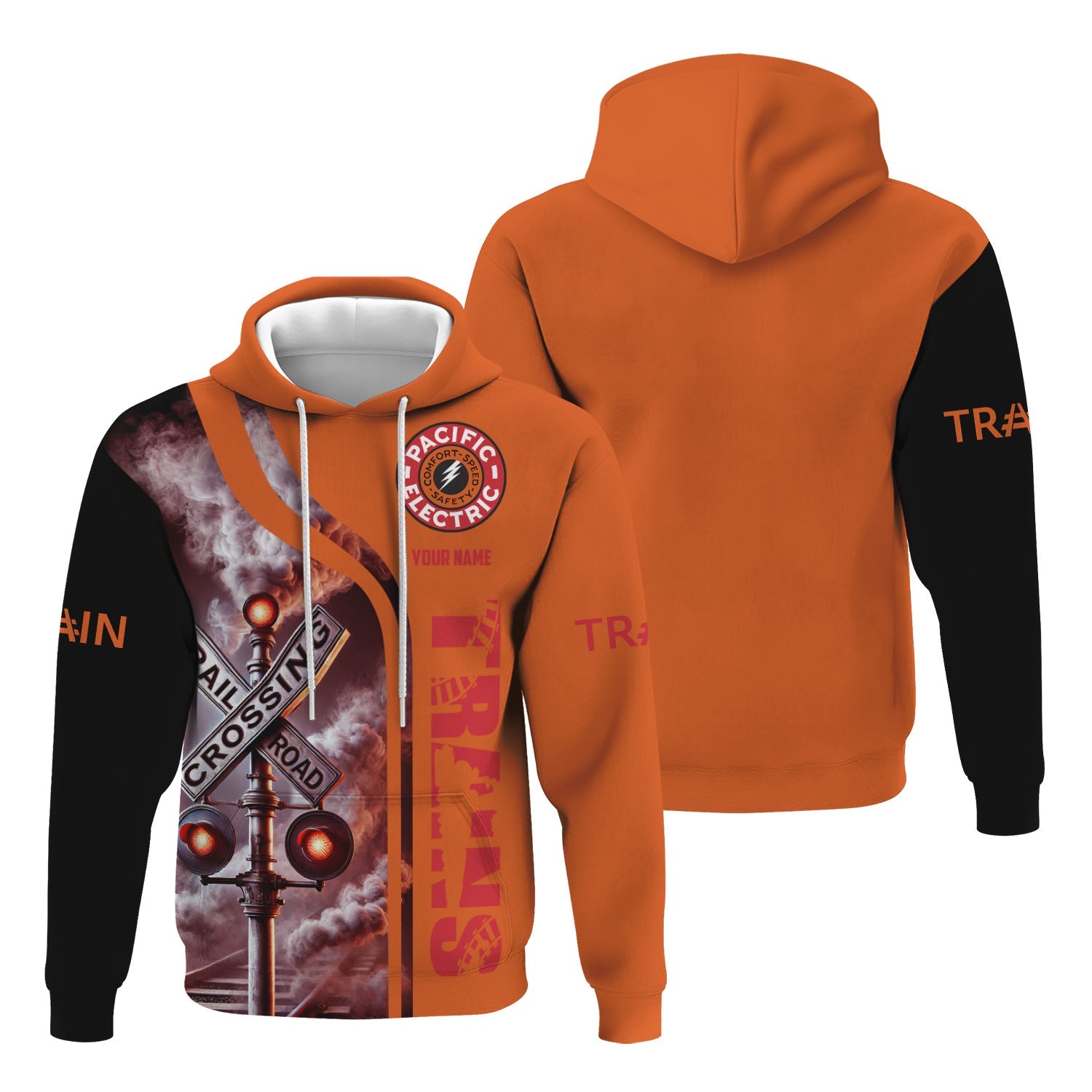 Railspirit Custom Name Pacific Electric Railroad Hoodie Railroad Crossing Sign Printed Zip Hoodie