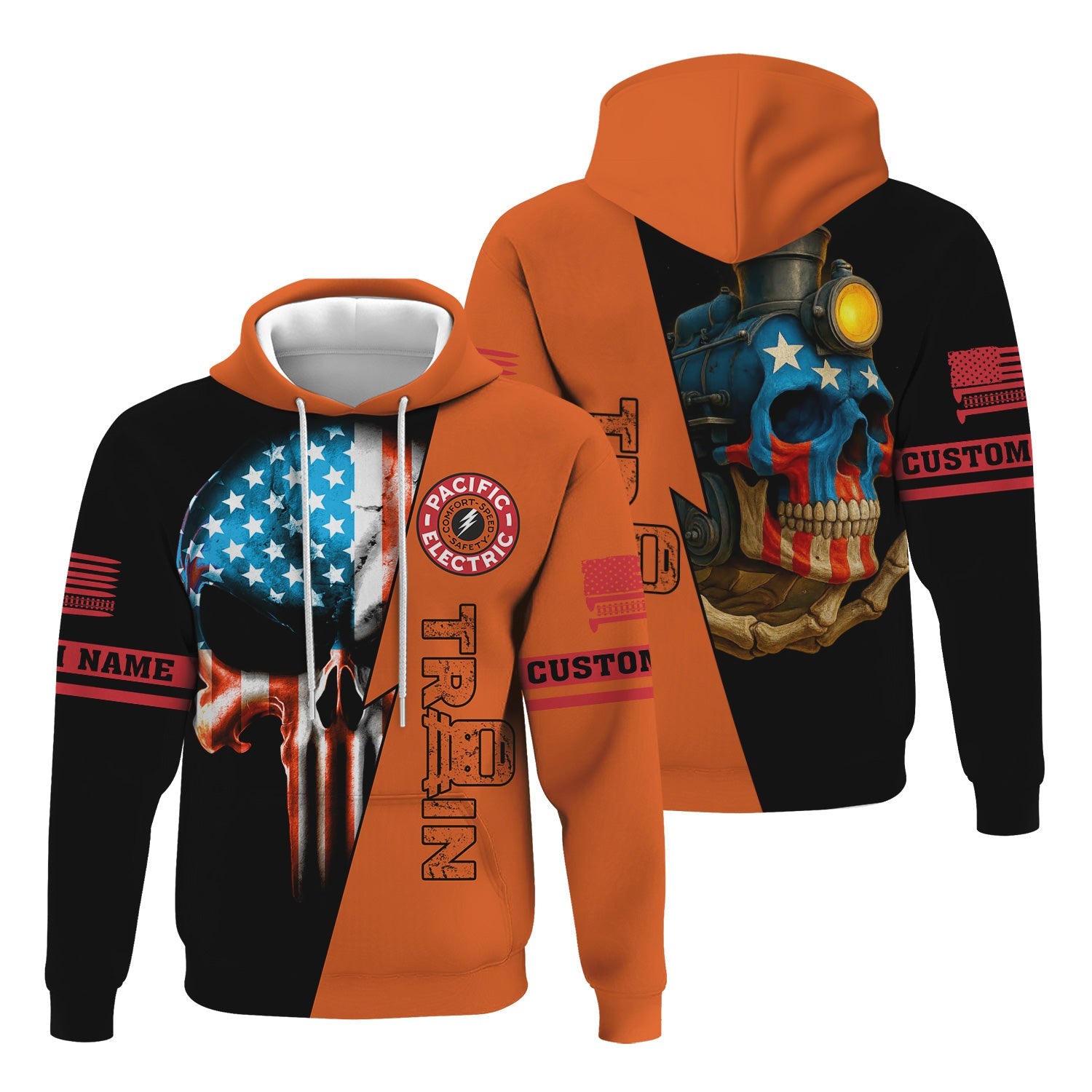Railspirit Personalized Pacific Electric Railroad Hoodie Train Skull American Flag Zip Up Hoodie All Over Print