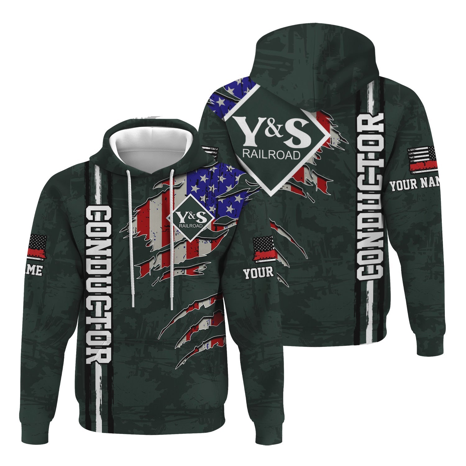 Railspirit Personalized Youngstown & Southern Railroad Hoodie USA Flag Claw Art with Custom Job Train Zip Up Hoodie