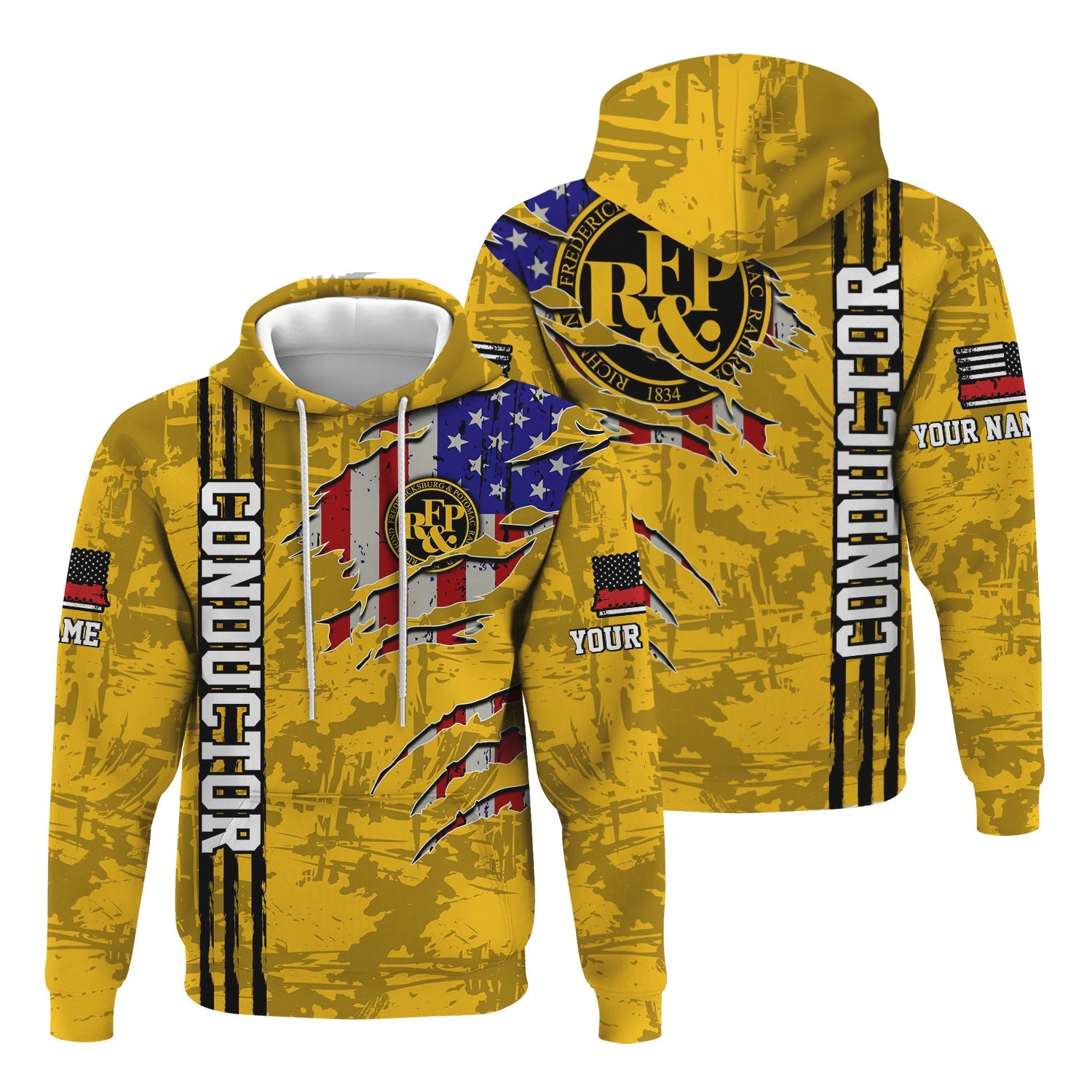 Railspirit Personalized Richmond, Fredericksburg And Potomac Railroad Hoodie USA Flag Claw Art with Custom Job Train Zip Up Hoodie