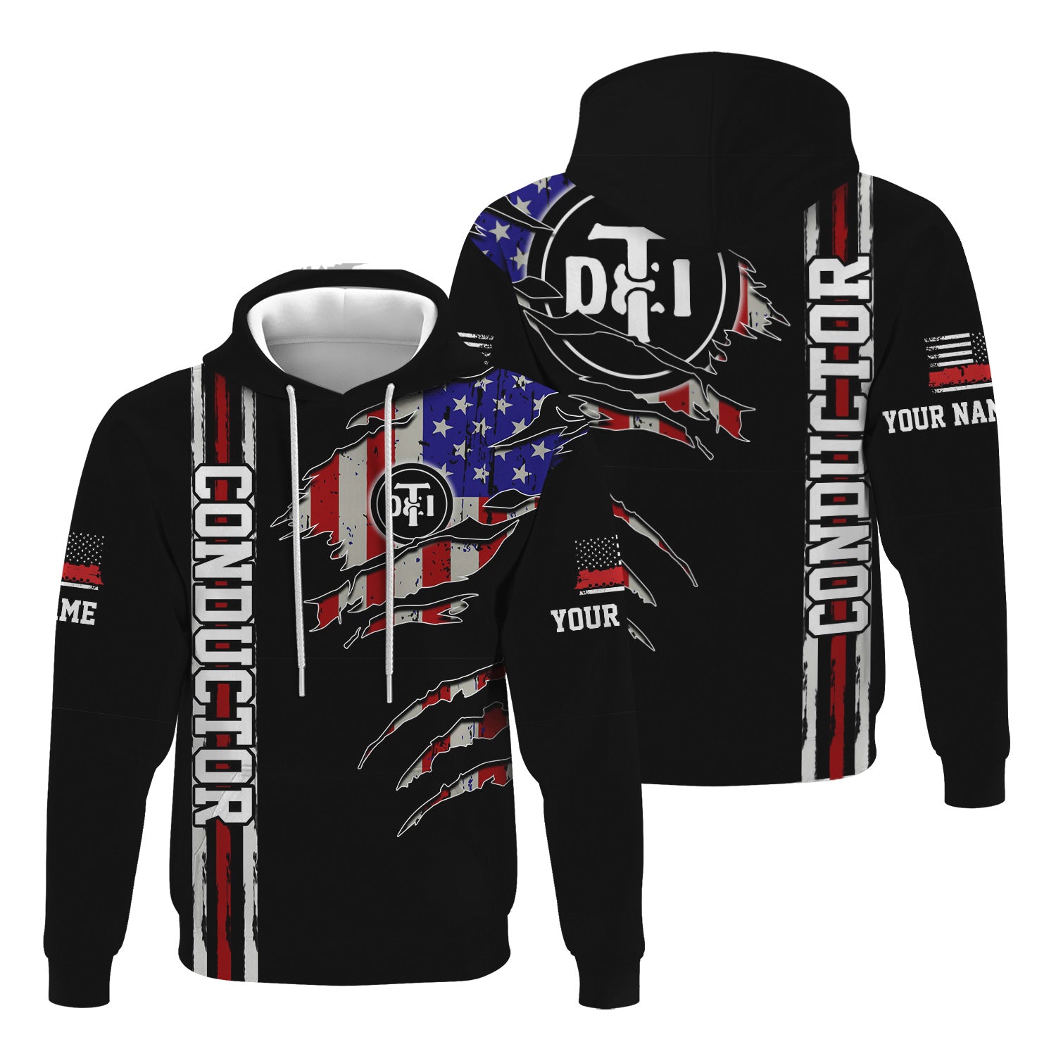 Railspirit Personalized Detroit Toledo And Ironton Railroad Hoodie USA Flag Claw Art with Custom Job Train Zip Up Hoodie