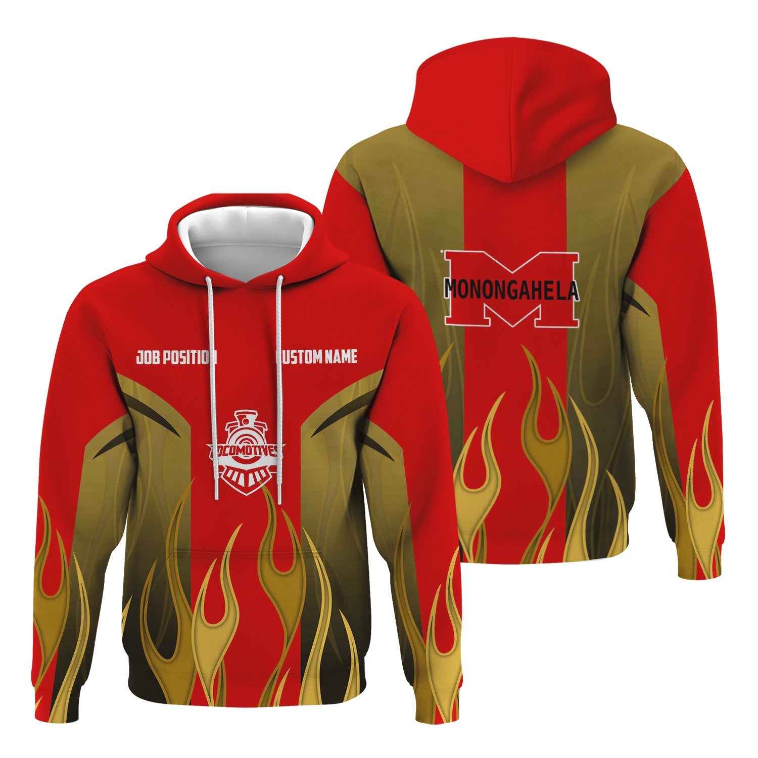 Railspirit Custom Name and Job Title Monongahela Railroad Hoodie Flame Graphic Train Zip Up Hoodie