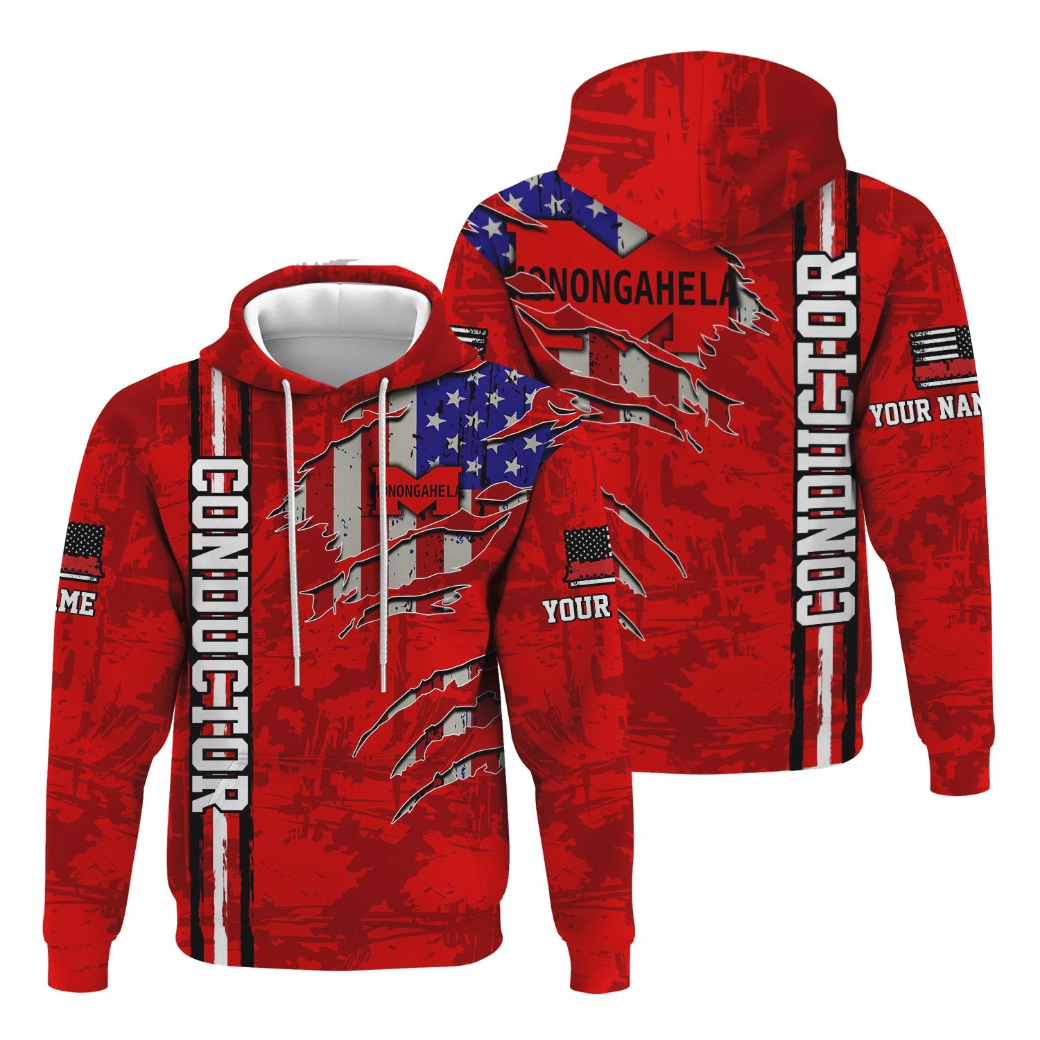 Railspirit Personalized Monongahela Railroad Hoodie USA Flag Claw Art with Custom Job Train Zip Up Hoodie