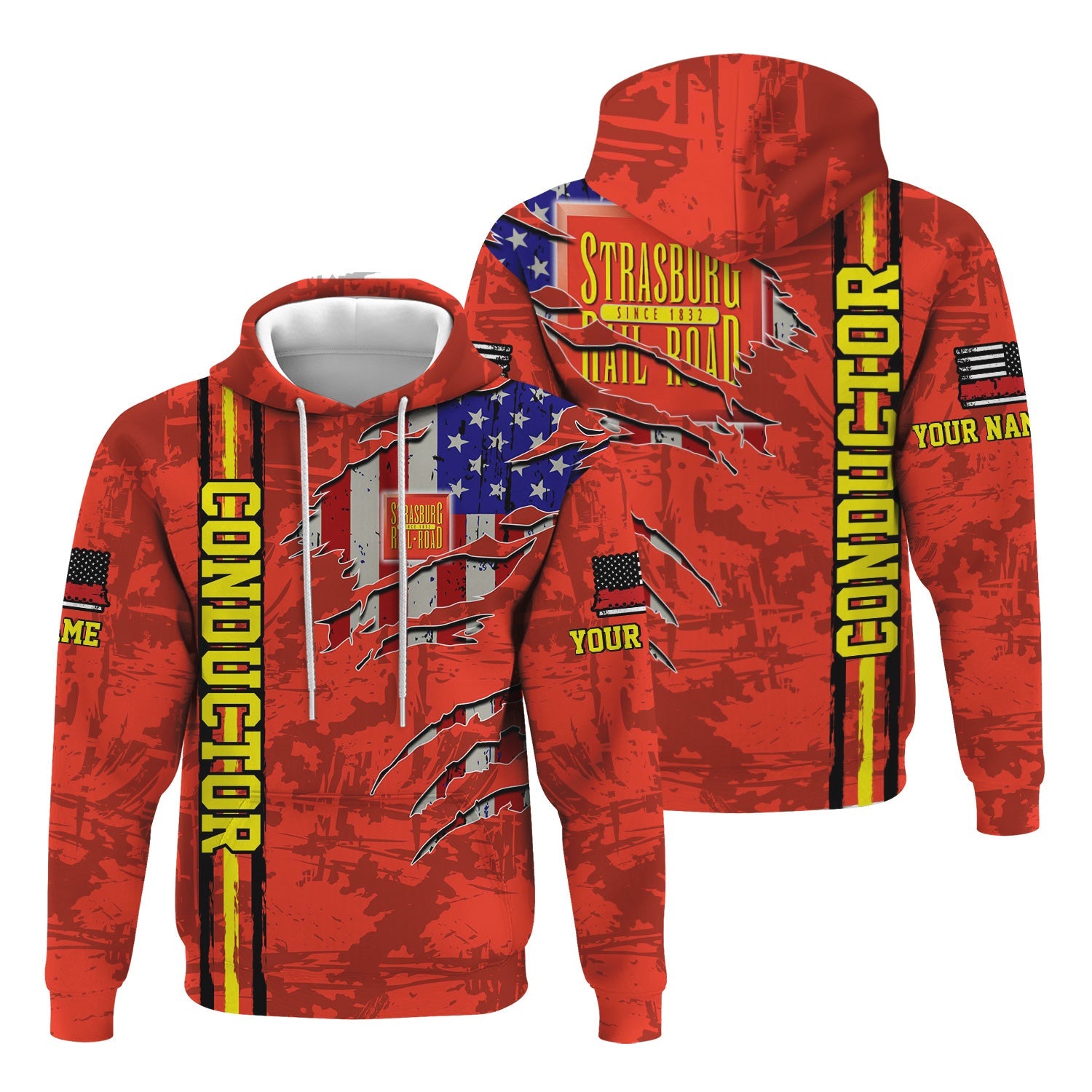 Railspirit Personalized Strasburg Railroad Hoodie USA Flag Claw Art with Custom Job Train Zip Up Hoodie