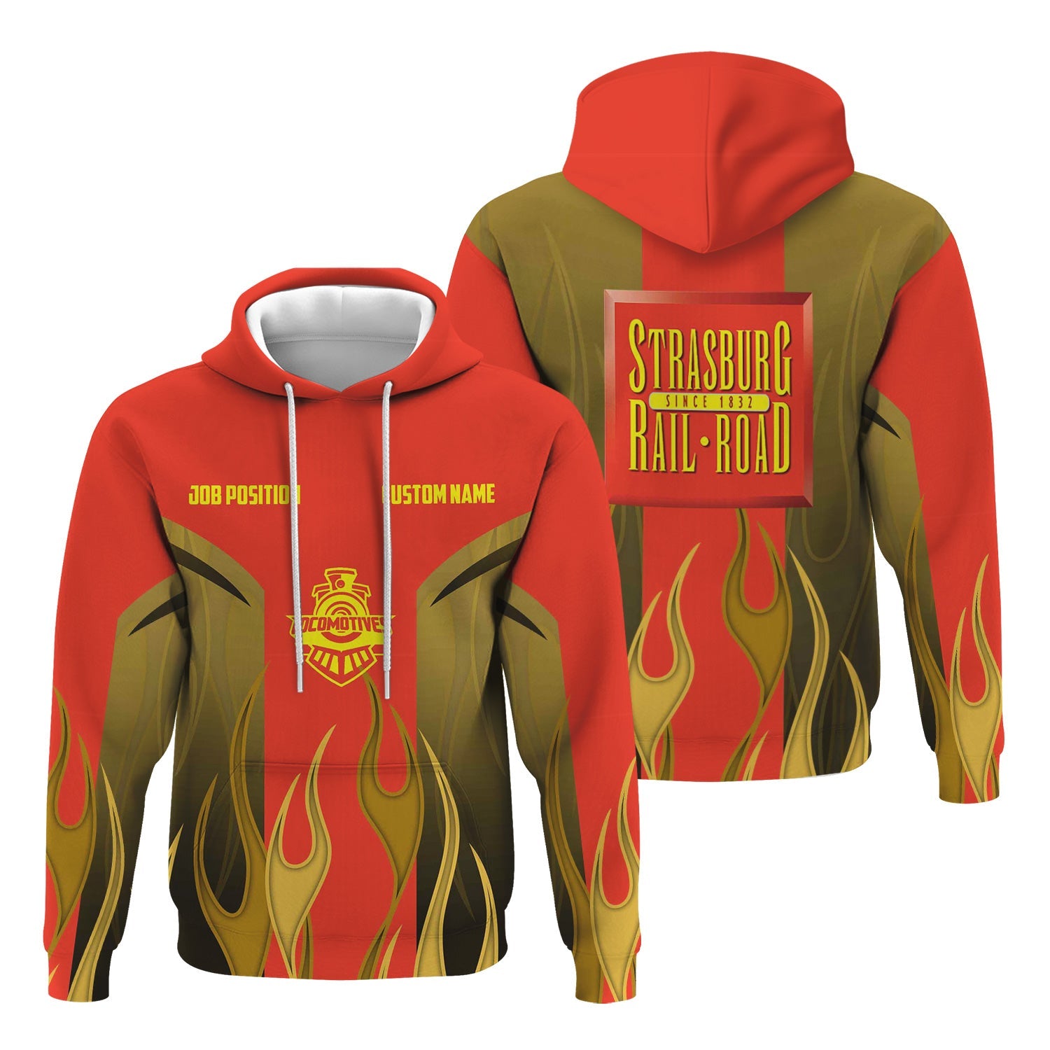 Railspirit Custom Name and Job Title Strasburg Railroad Hoodie Flame Graphic Train Zip Up Hoodie