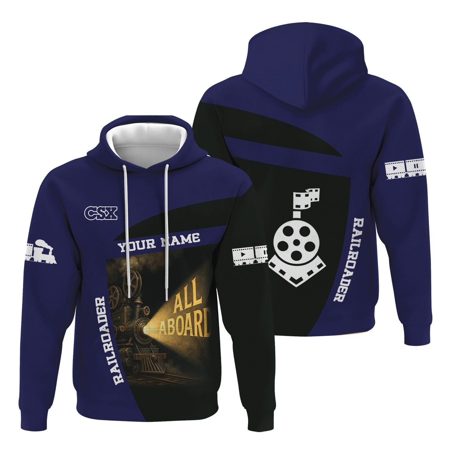 Railspirit Personalized CSX Transportation Railroad Hoodie All Aboard Steam Train Movie Projector Style Zip Up Hoodie
