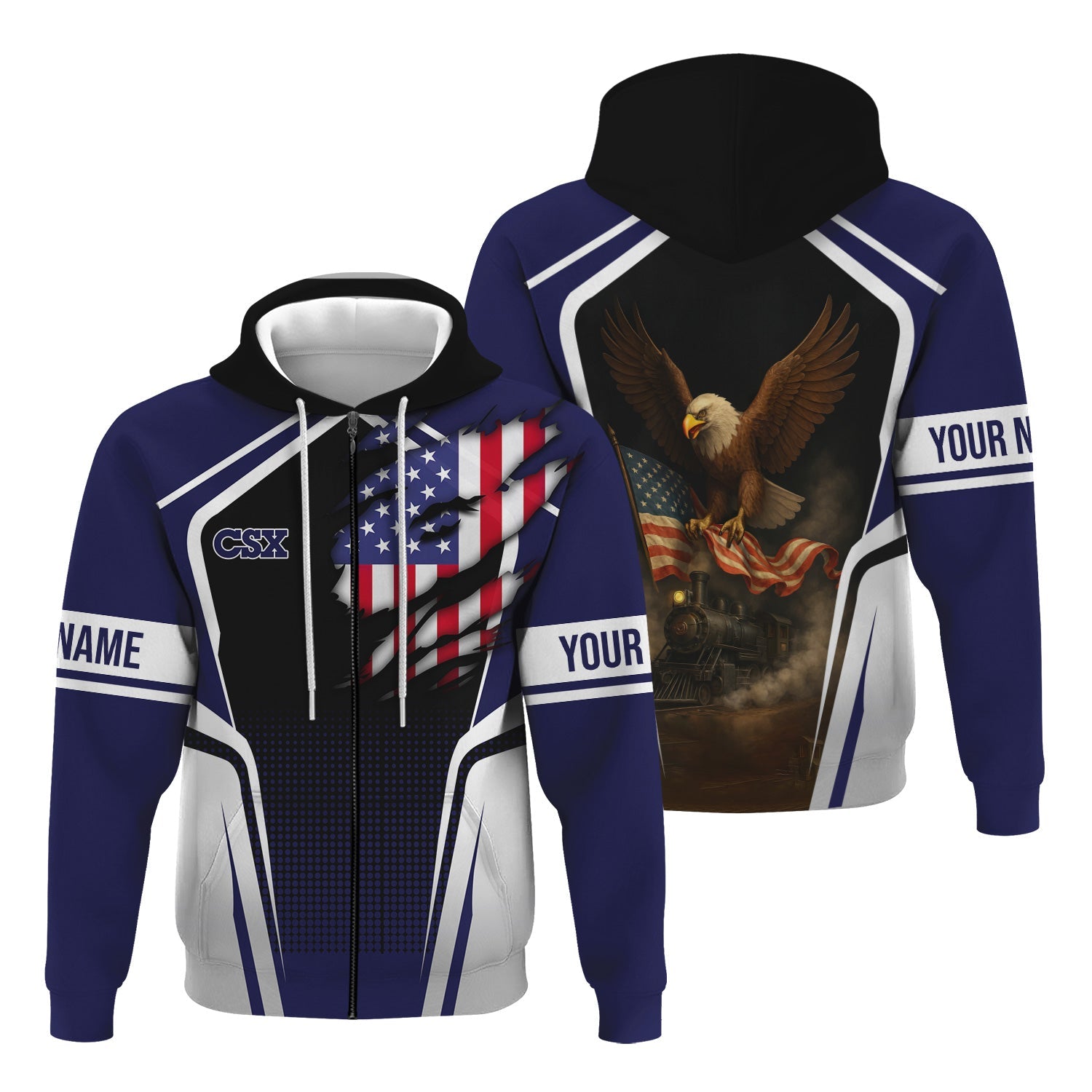 Railspirit Personalized CSX Transportation Railroad Hoodie American Eagle Vintage Train Zip Up Hoodie