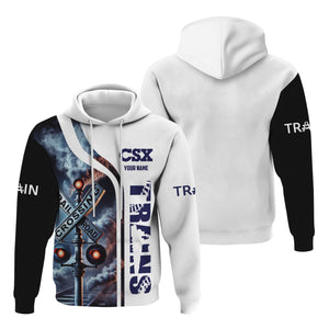 Railspirit Custom Name CSX Transportation Railroad Hoodie Railroad Crossing Sign Printed Zip Hoodie