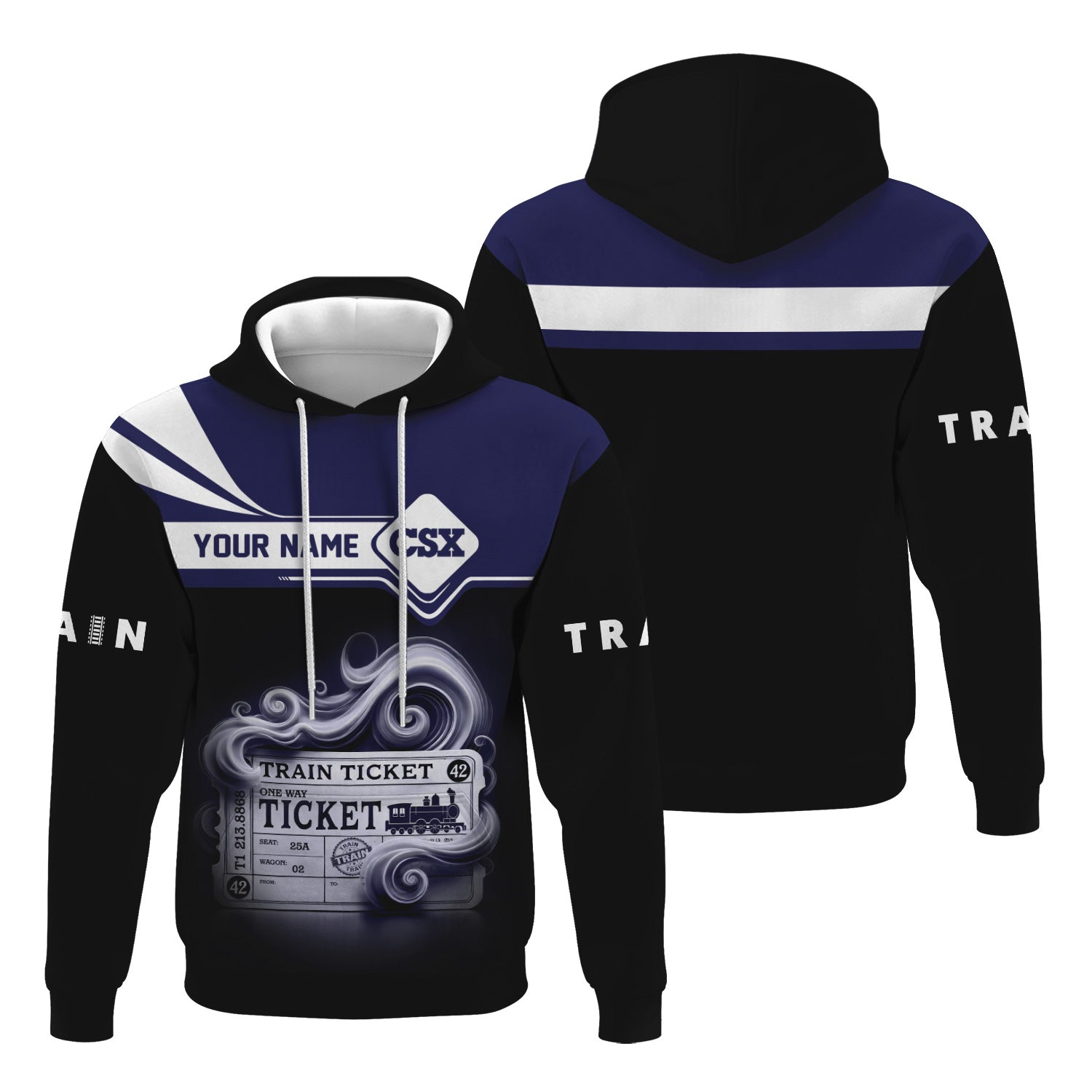 Railspirit Custom Name CSX Transportation Railroad Hoodie American Train Ticket Printed Zip Hoodie