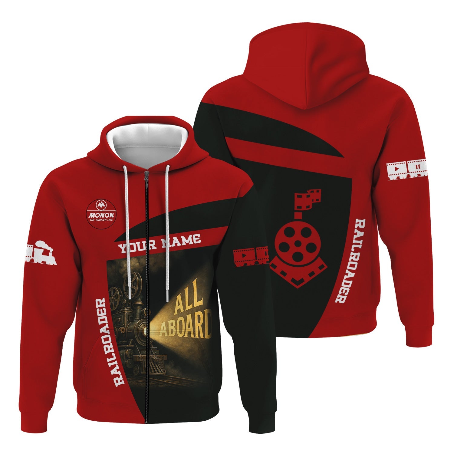 Railspirit Personalized Monon Railroad Hoodie All Aboard Steam Train Movie Projector Style Zip Up Hoodie