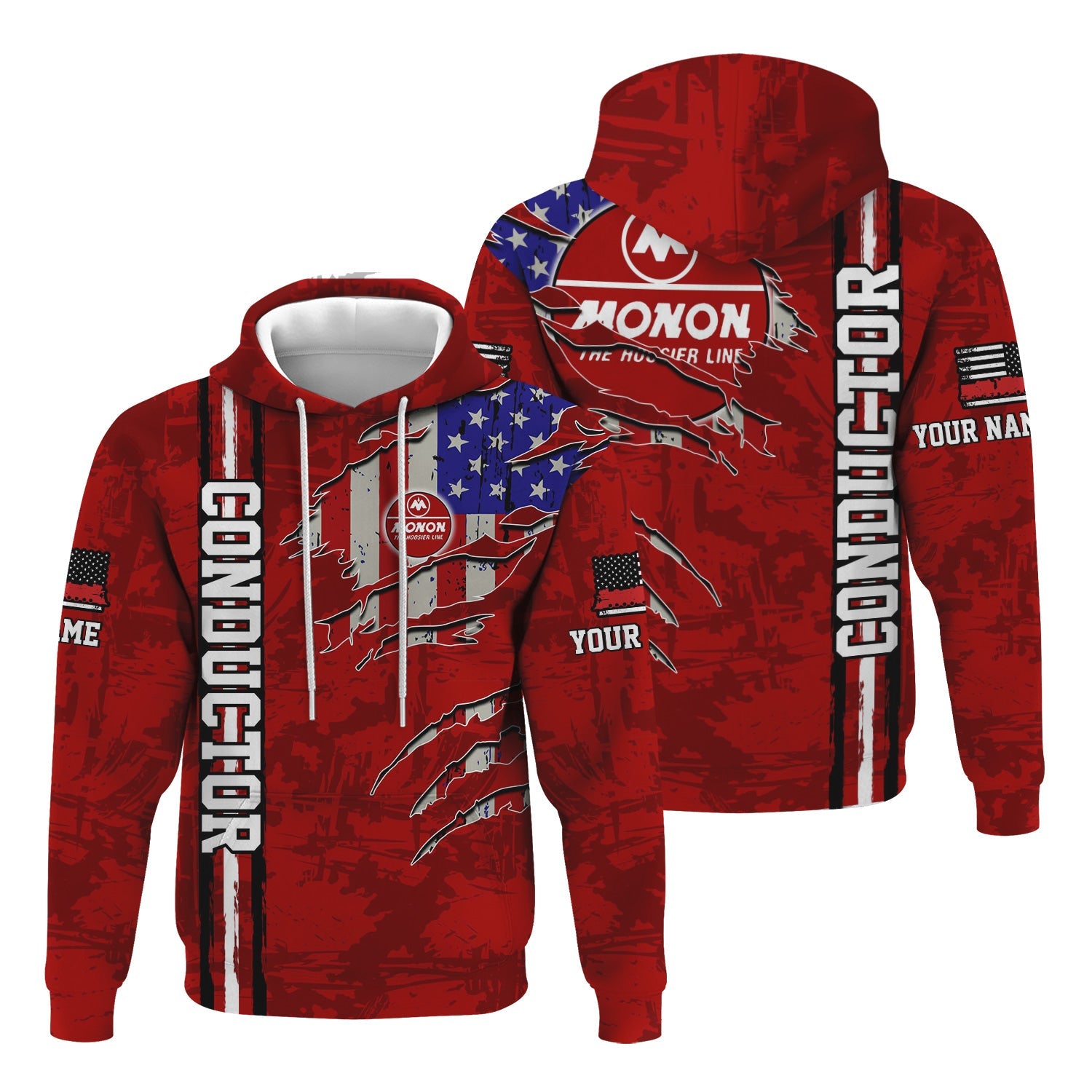 Railspirit Personalized Monon Railroad Hoodie USA Flag Claw Art with Custom Job Train Zip Up Hoodie