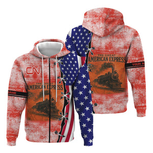 Railspirit Personalized Canadian National Railroad Hoodie Retro American Express Train With USA Flag Zip Up Hoodie