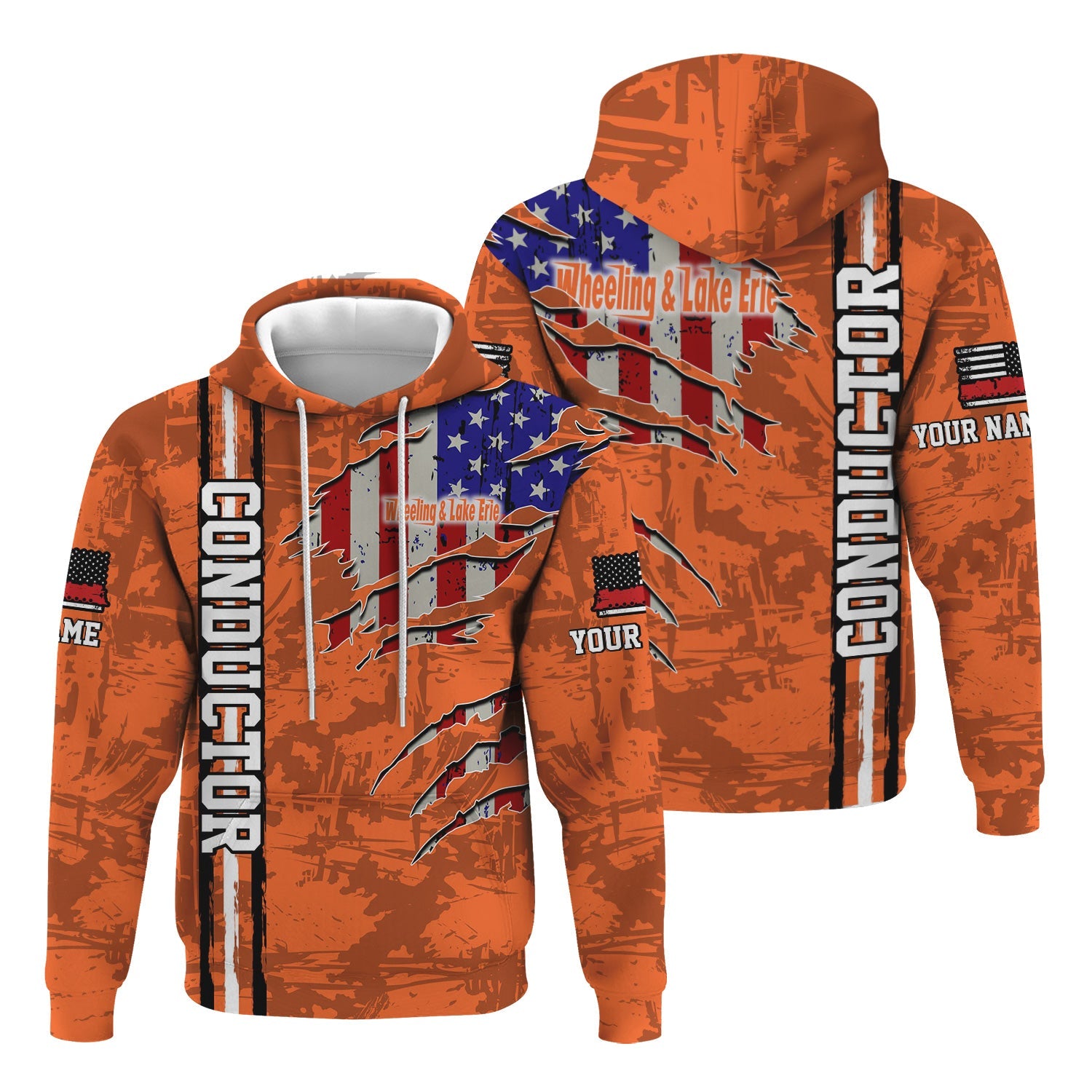 Railspirit Personalized Wheeling And Lake Erie Railroad Hoodie USA Flag Claw Art with Custom Job Train Zip Up Hoodie