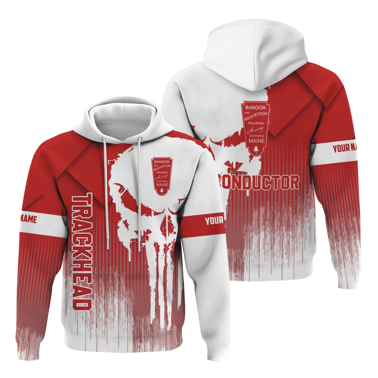 Railspirit Personalized Bangor And Aroostook Railroad Hoodie Skull Design with Custom Job Train Zip Up Hoodie for Trackhead Crew