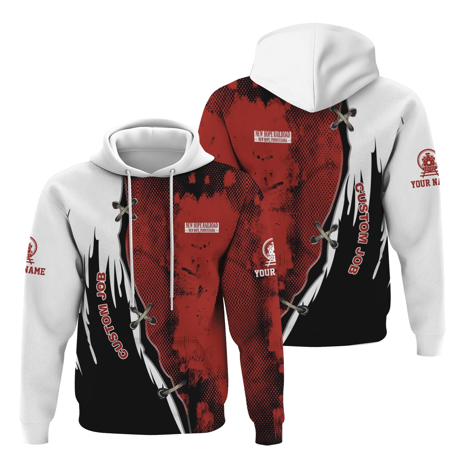 Railspirit Personalized New Hope Railroad Hoodie Retro Stitches Design with Custom Position Train Zip Up Hoodie