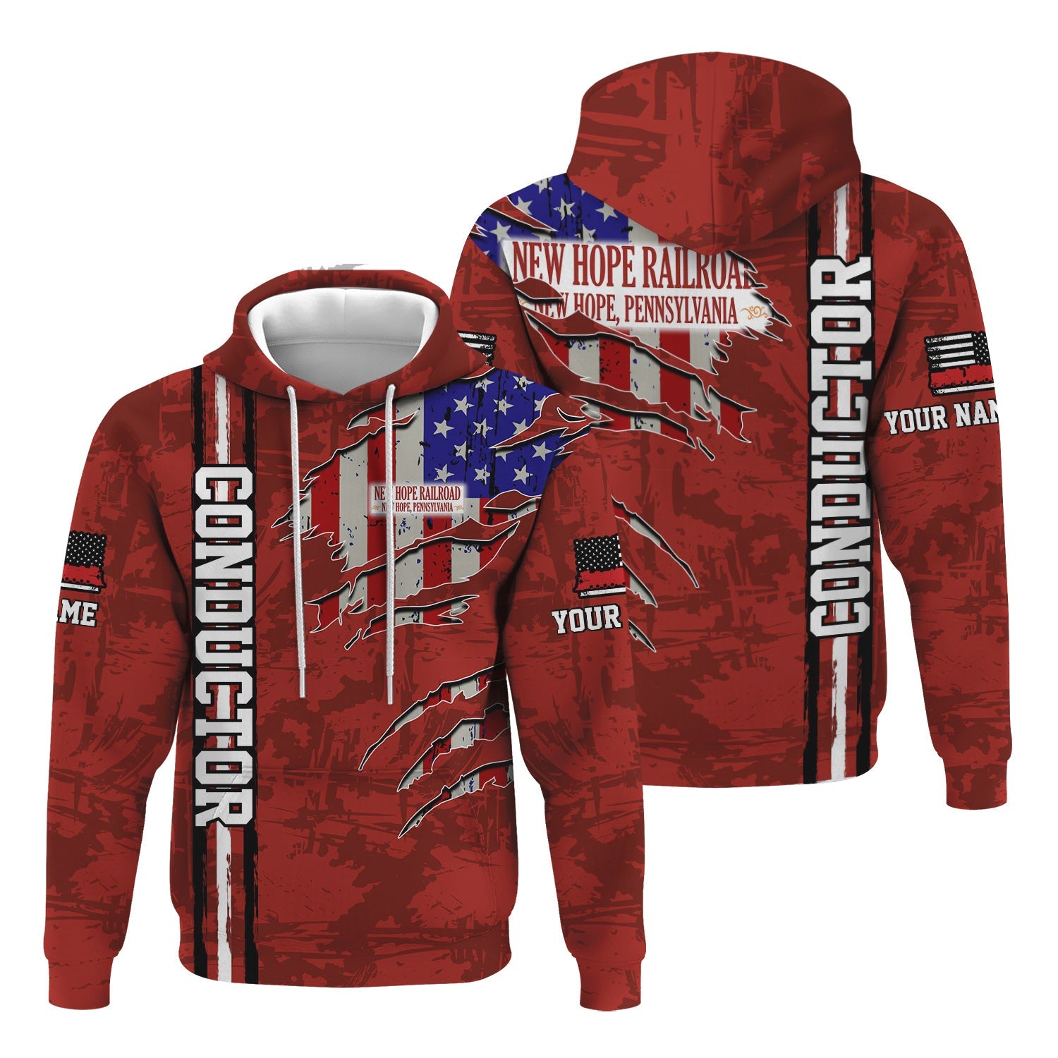 Railspirit Personalized New Hope Railroad Hoodie USA Flag Claw Art with Custom Job Train Zip Up Hoodie