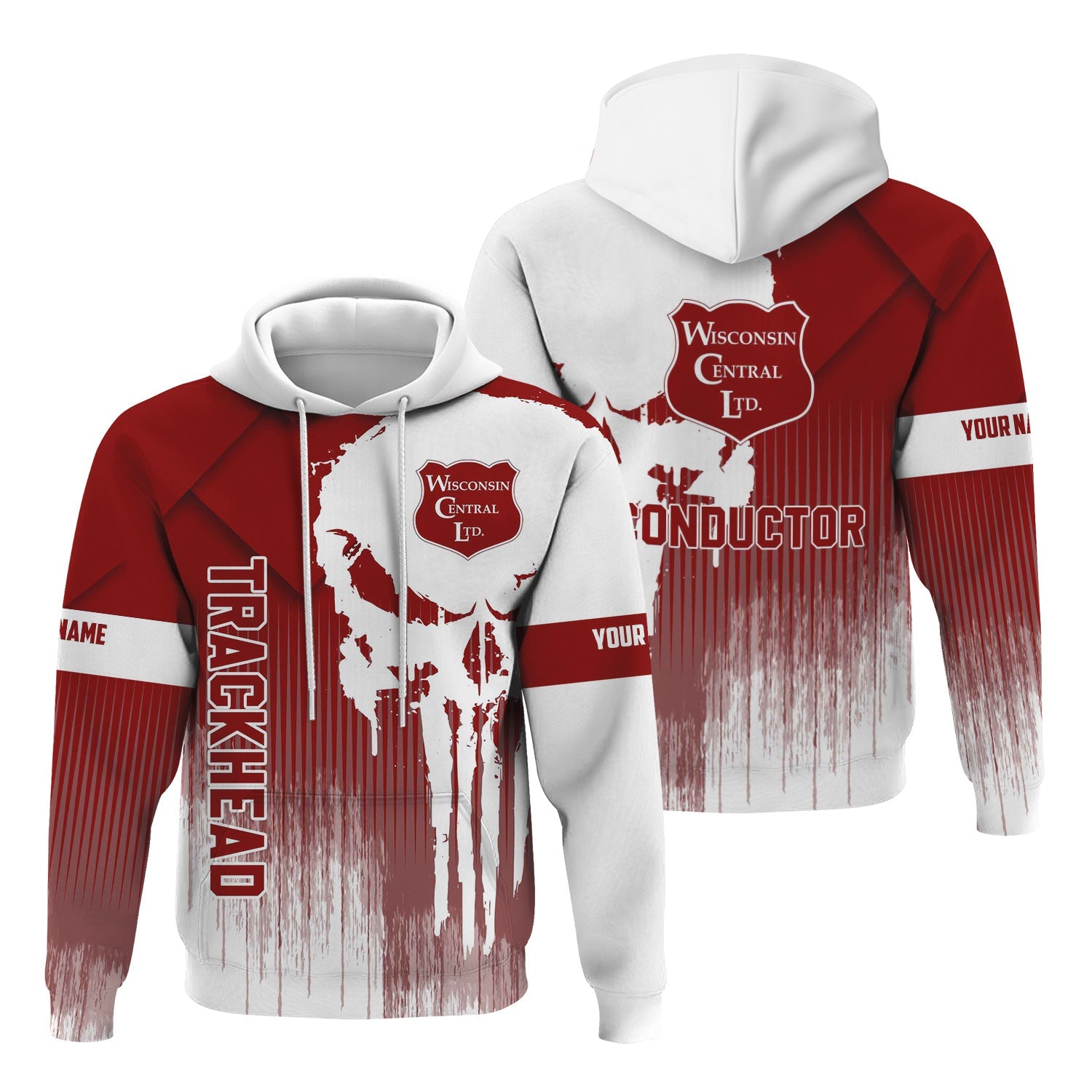 Railspirit Personalized Wisconsin Central Ltd Railroad Hoodie Skull Design with Custom Job Train Zip Up Hoodie for Trackhead Crew
