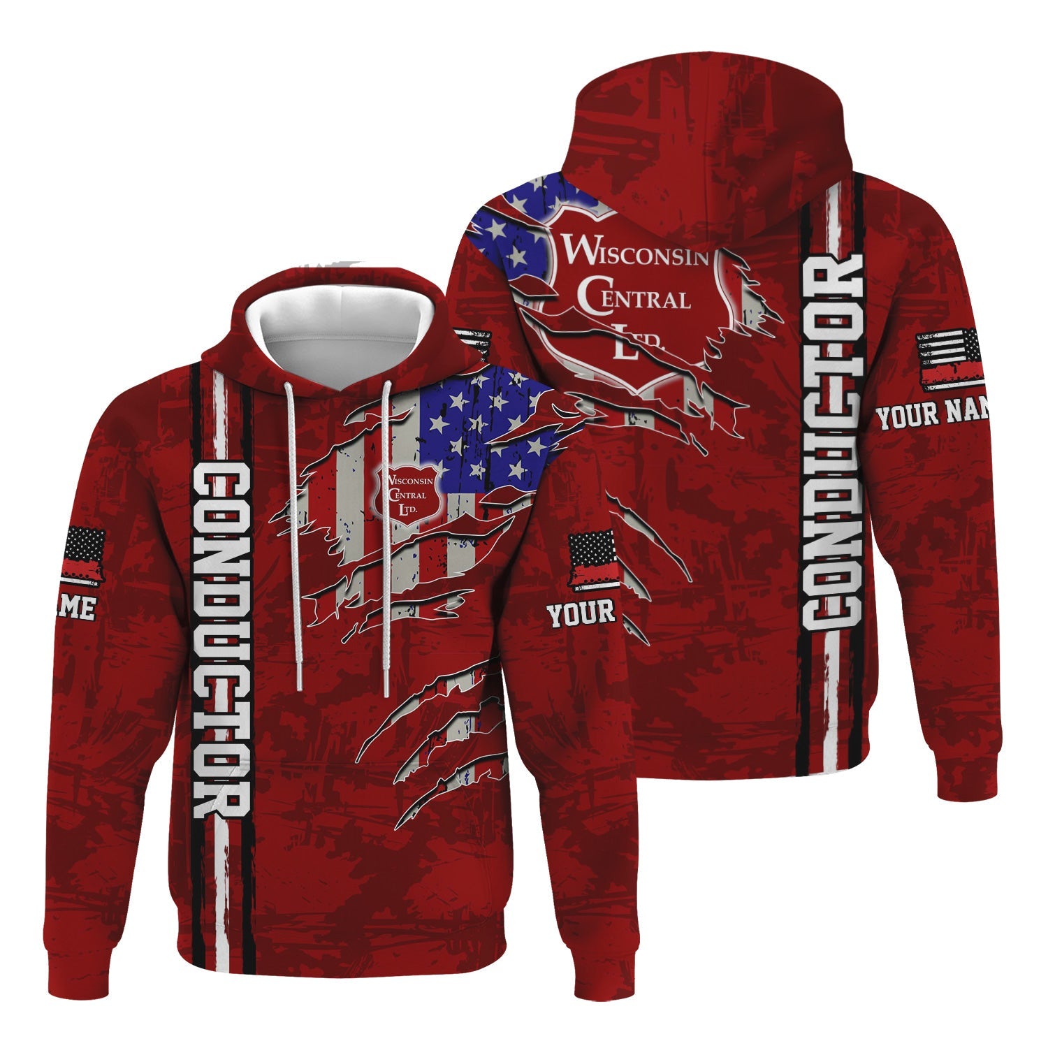 Railspirit Personalized Wisconsin Central Ltd Railroad Hoodie USA Flag Claw Art with Custom Job Train Zip Up Hoodie