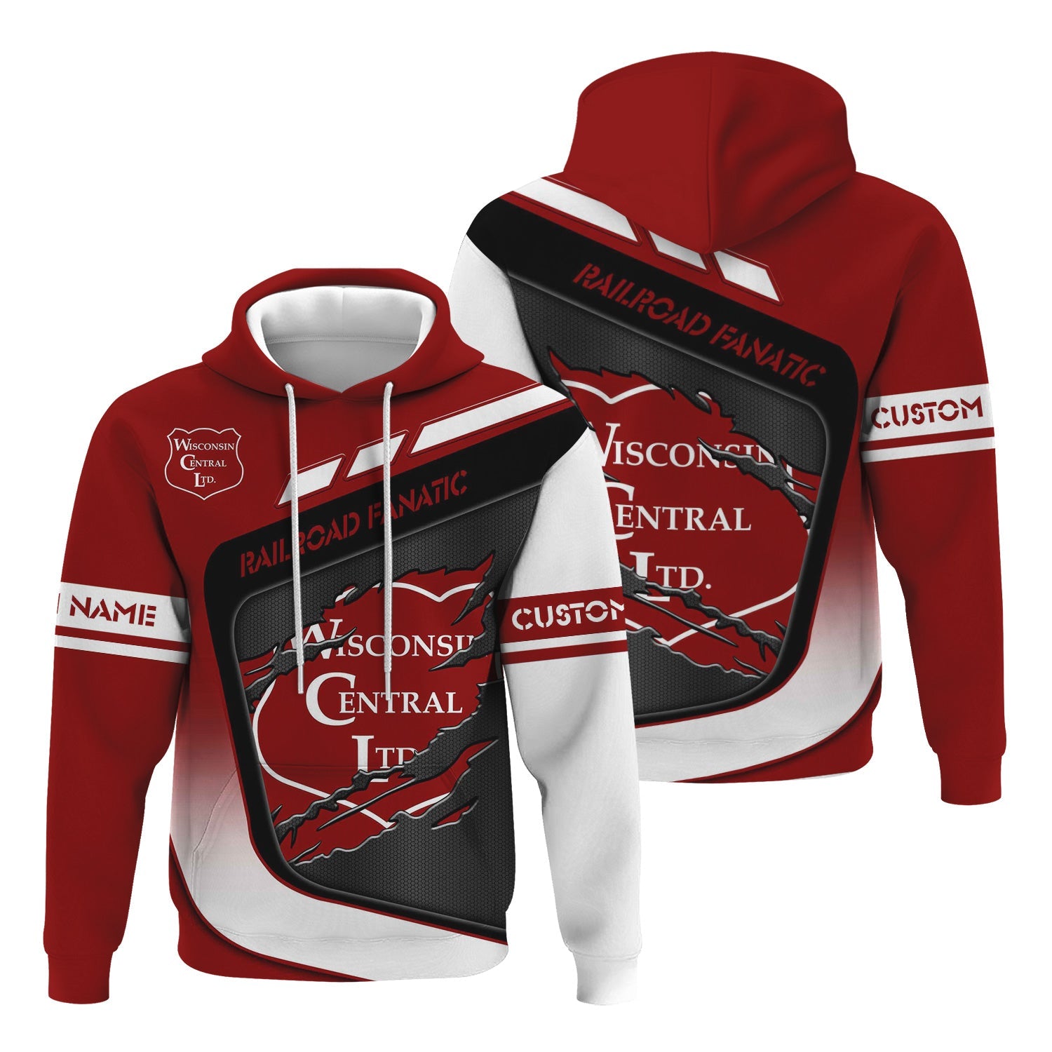 Railspirit Personalized Wisconsin Central Ltd Railroad Hoodie Ripped Texture Style Train Zip Up Hoodie For Railroad Fanatic