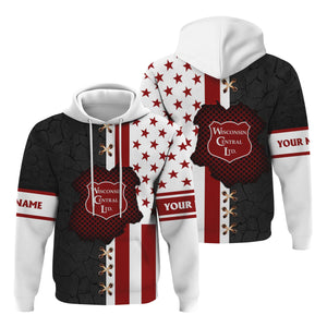 Railspirit Personalized Wisconsin Central Ltd Railroad Hoodie American Flag with Crack Effect Train Zip Up Hoodie