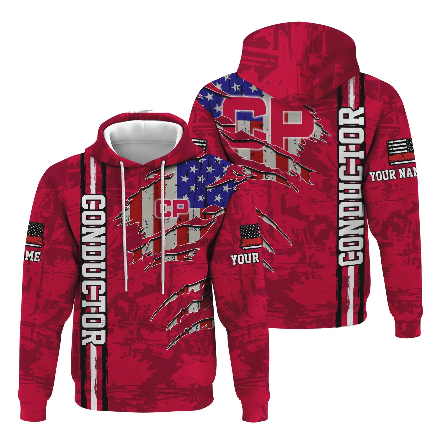Railspirit Personalized Canadian Pacific Railroad Hoodie USA Flag Claw Art with Custom Job Train Zip Up Hoodie