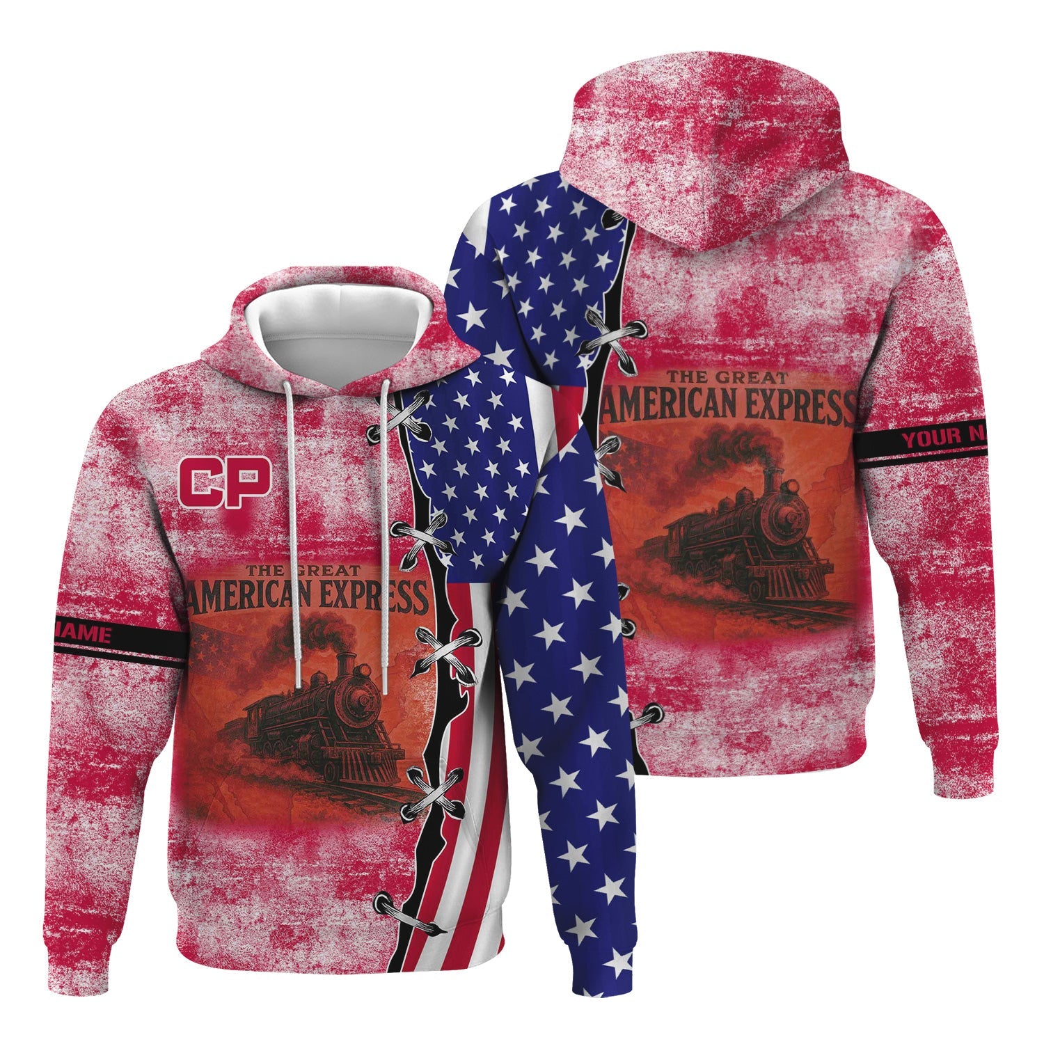 Railspirit Personalized Canadian Pacific Railroad Hoodie Retro American Express Train With USA Flag Zip Up Hoodie